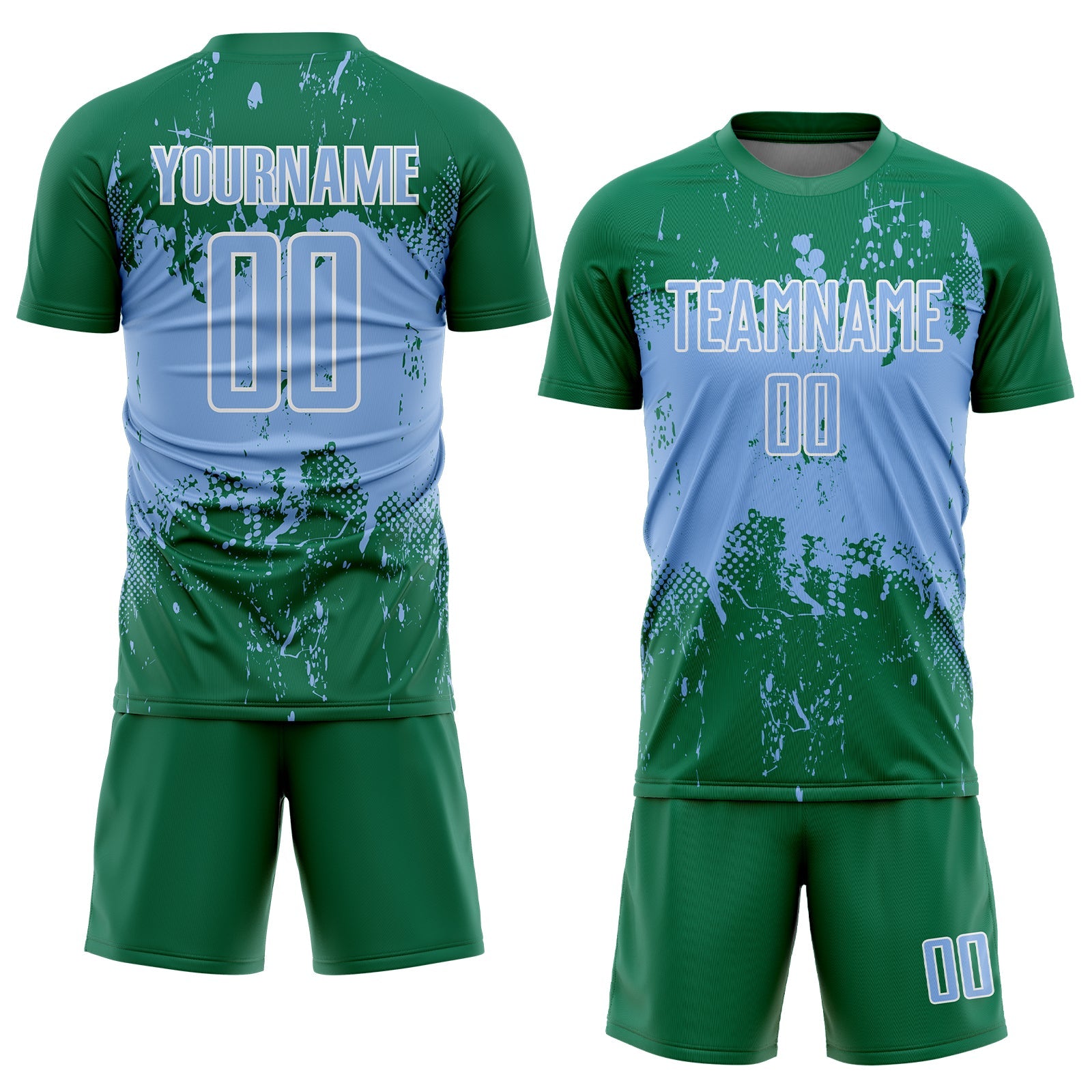 Custom Kelly Green Light Blue-White Abstract Splatter Grunge Art Sports Sublimation Soccer Uniform Jersey