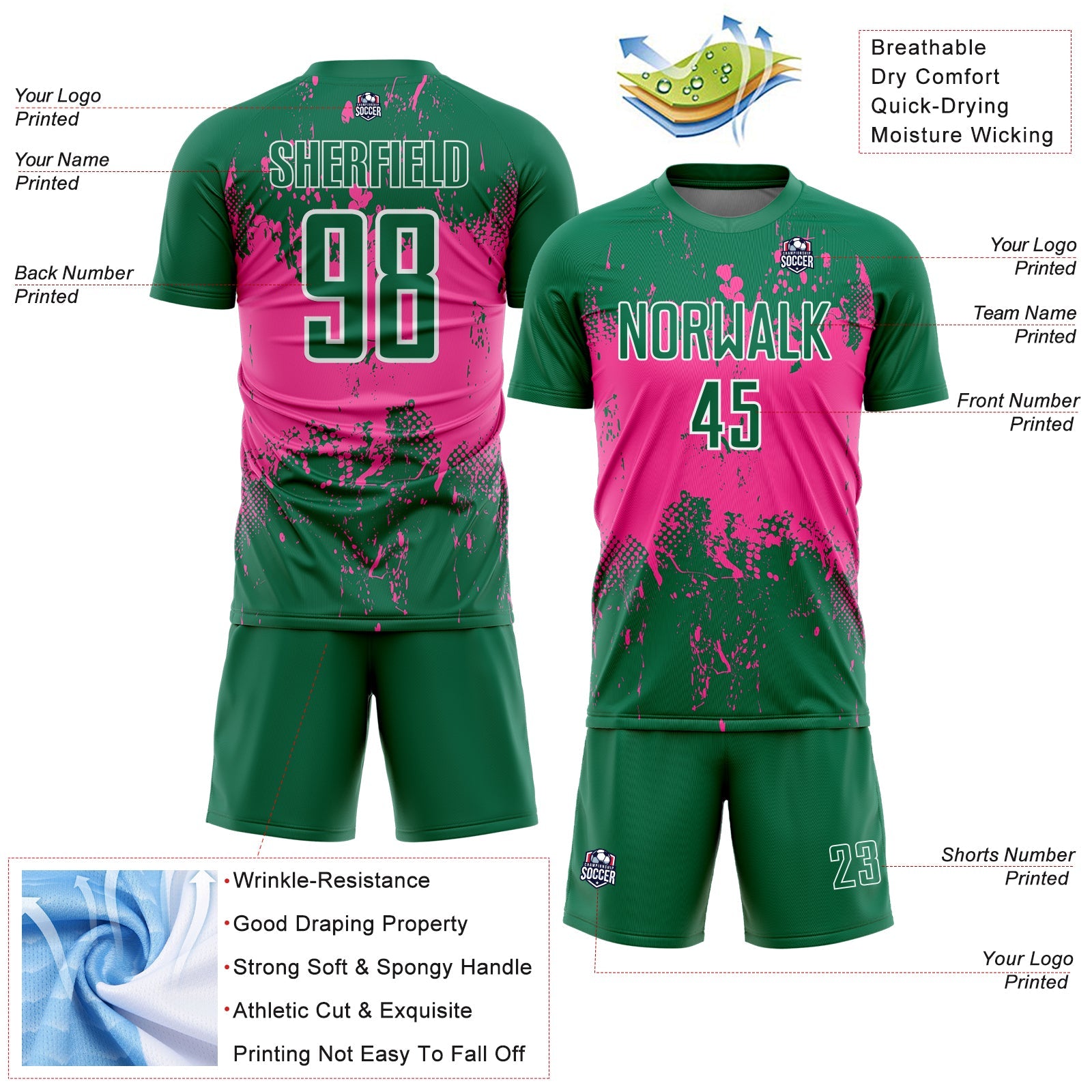 Custom Kelly Green Pink-White Abstract Splatter Grunge Art Sports Sublimation Soccer Uniform Jersey