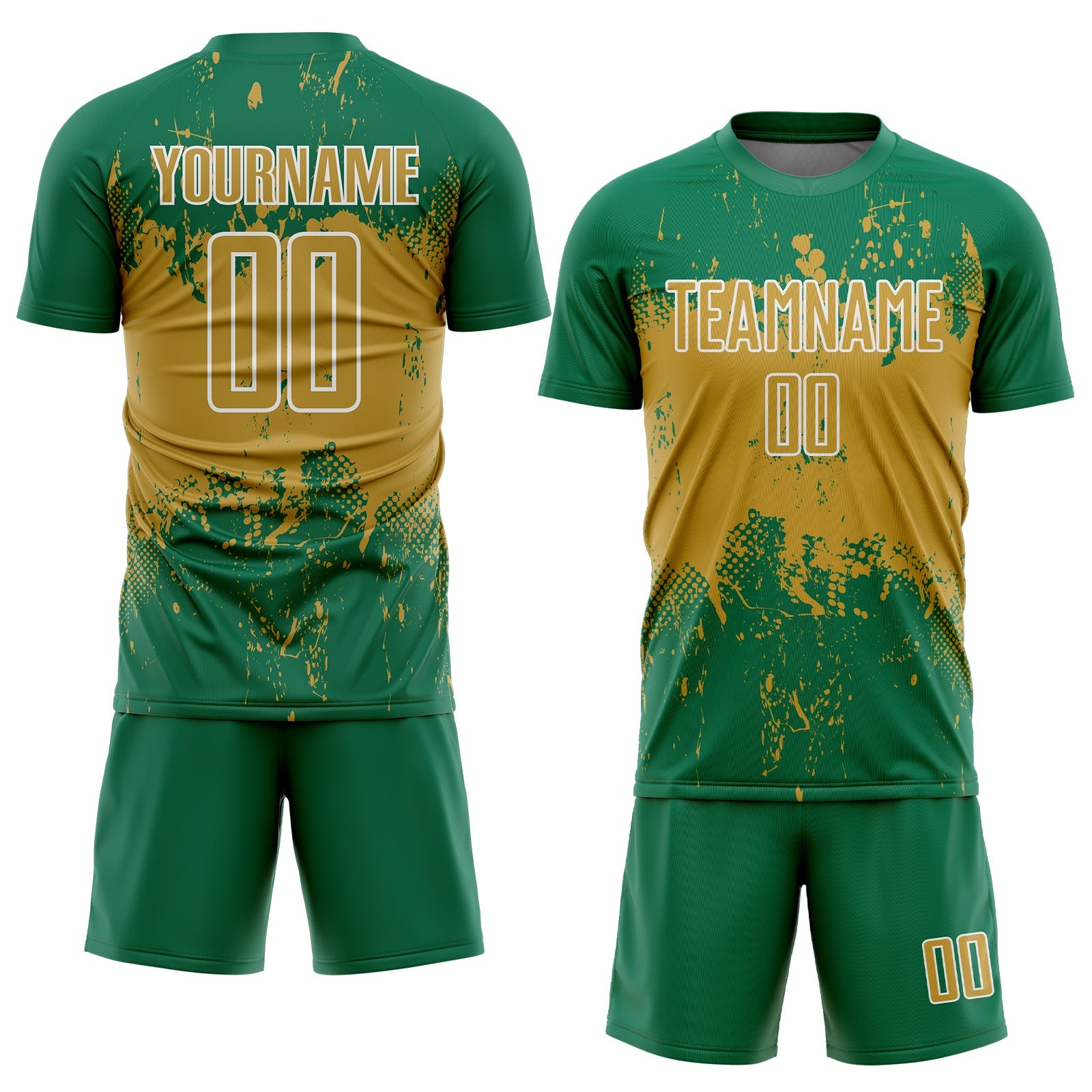 Custom Kelly Green Old Gold-White Abstract Splatter Grunge Art Sports Sublimation Soccer Uniform Jersey
