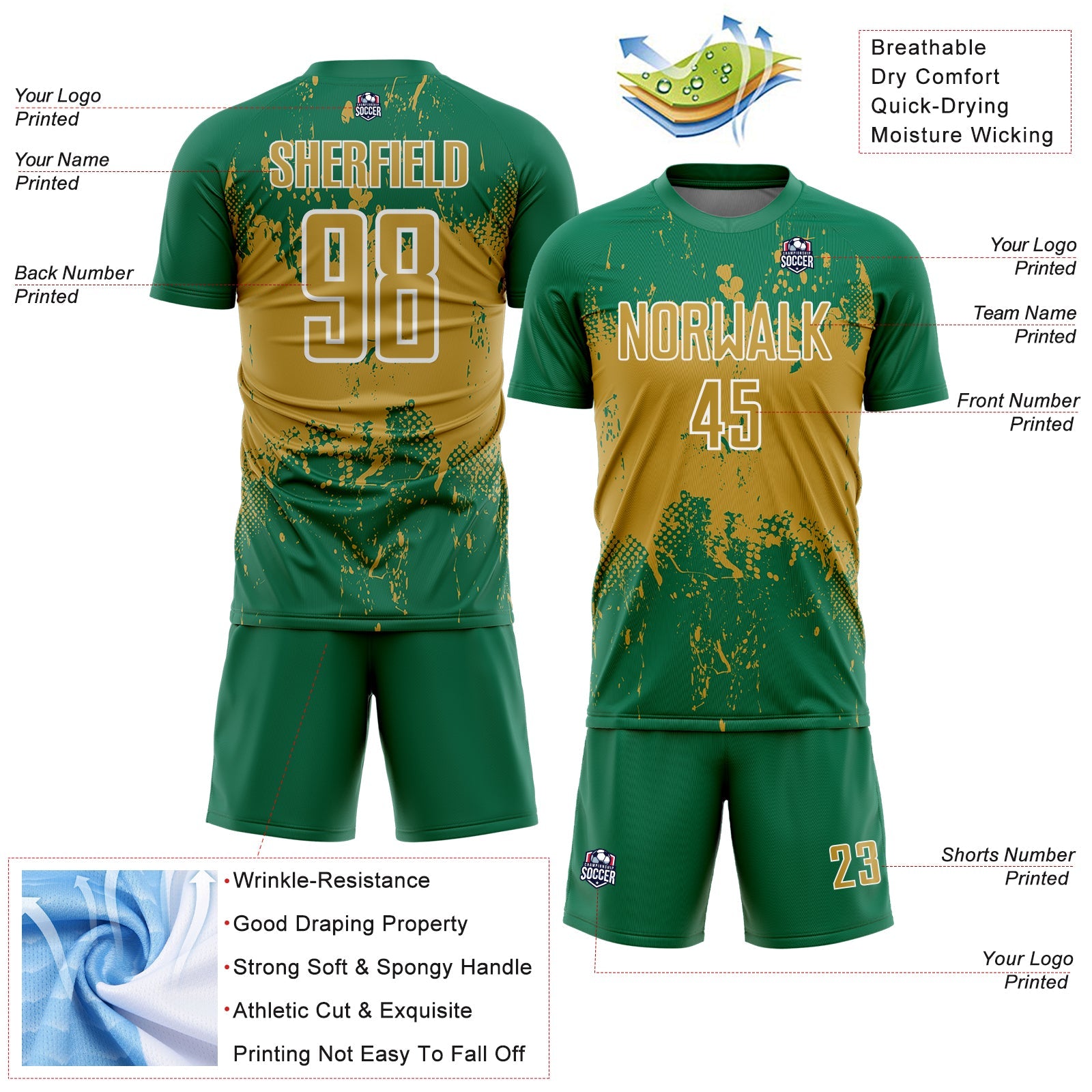 Custom Kelly Green Old Gold-White Abstract Splatter Grunge Art Sports Sublimation Soccer Uniform Jersey