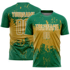 Custom Kelly Green Old Gold-White Abstract Splatter Grunge Art Sports Sublimation Soccer Uniform Jersey