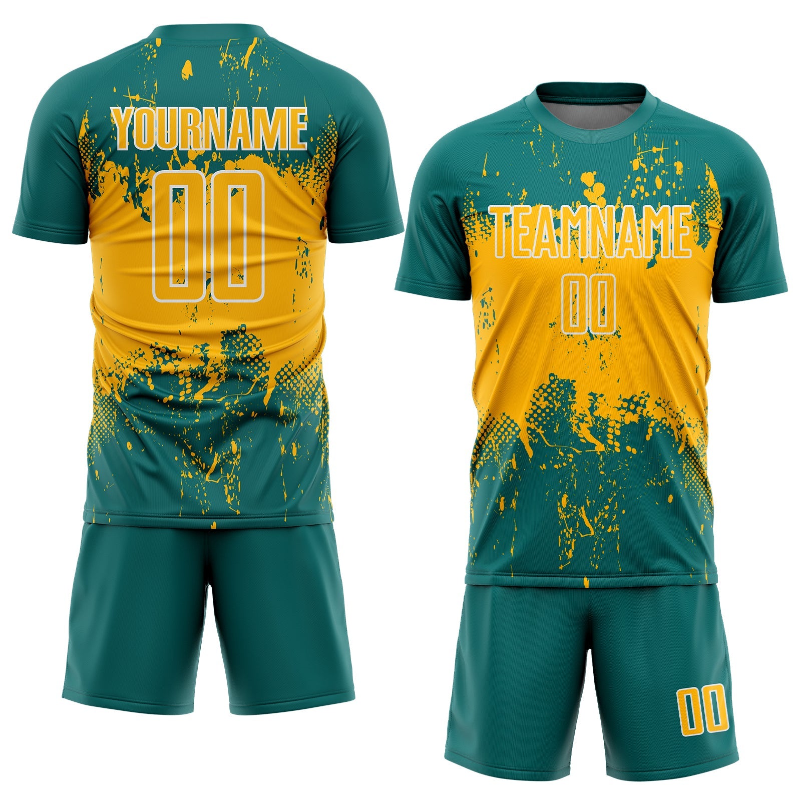 Custom Teal Gold-White Abstract Splatter Grunge Art Sports Sublimation Soccer Uniform Jersey