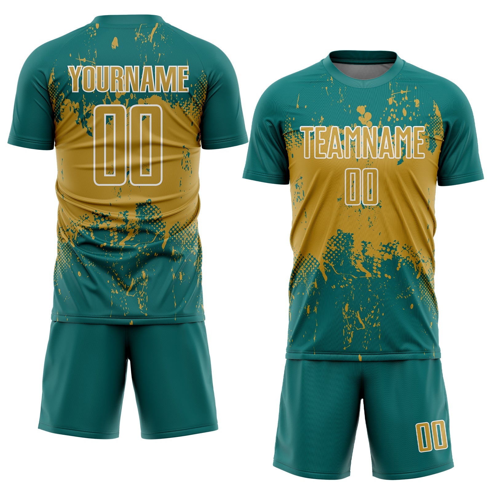 Custom Teal Old Gold-White Abstract Splatter Grunge Art Sports Sublimation Soccer Uniform Jersey