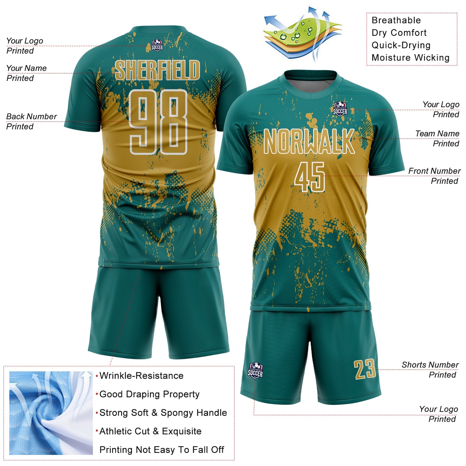 Custom Teal Old Gold-White Abstract Splatter Grunge Art Sports Sublimation Soccer Uniform Jersey
