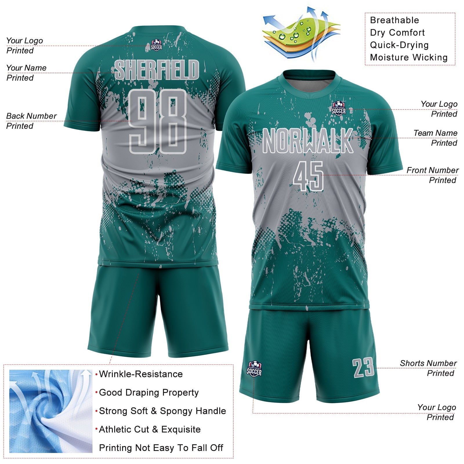 Custom Teal Gray-White Abstract Splatter Grunge Art Sports Sublimation Soccer Uniform Jersey