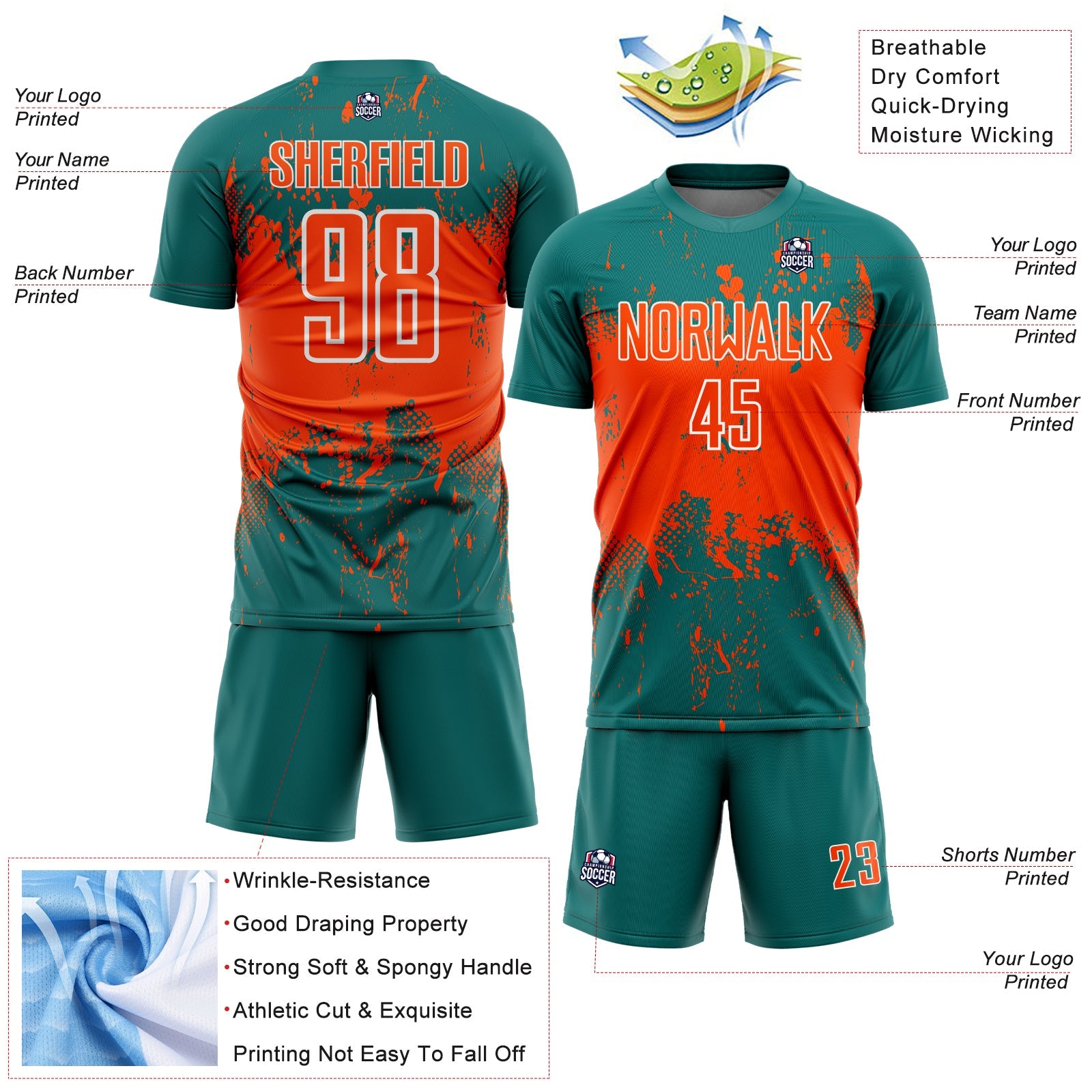 Custom Teal Orange-White Abstract Splatter Grunge Art Sports Sublimation Soccer Uniform Jersey