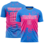 Custom Powder Blue Pink-White Abstract Splatter Grunge Art Sports Sublimation Soccer Uniform Jersey