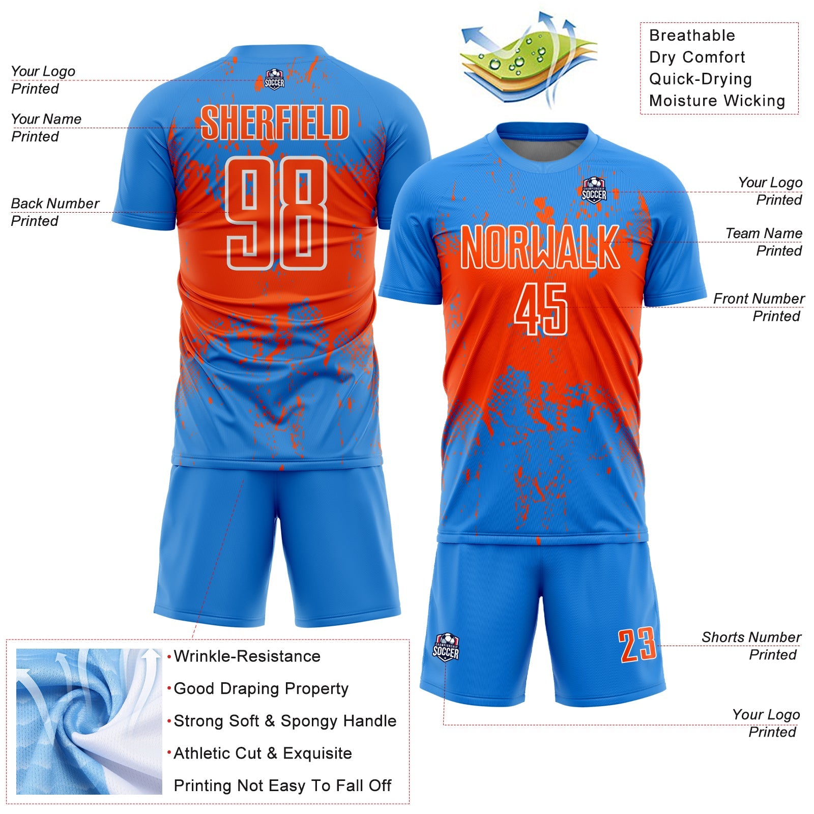 Custom Powder Blue Orange-White Abstract Splatter Grunge Art Sports Sublimation Soccer Uniform Jersey