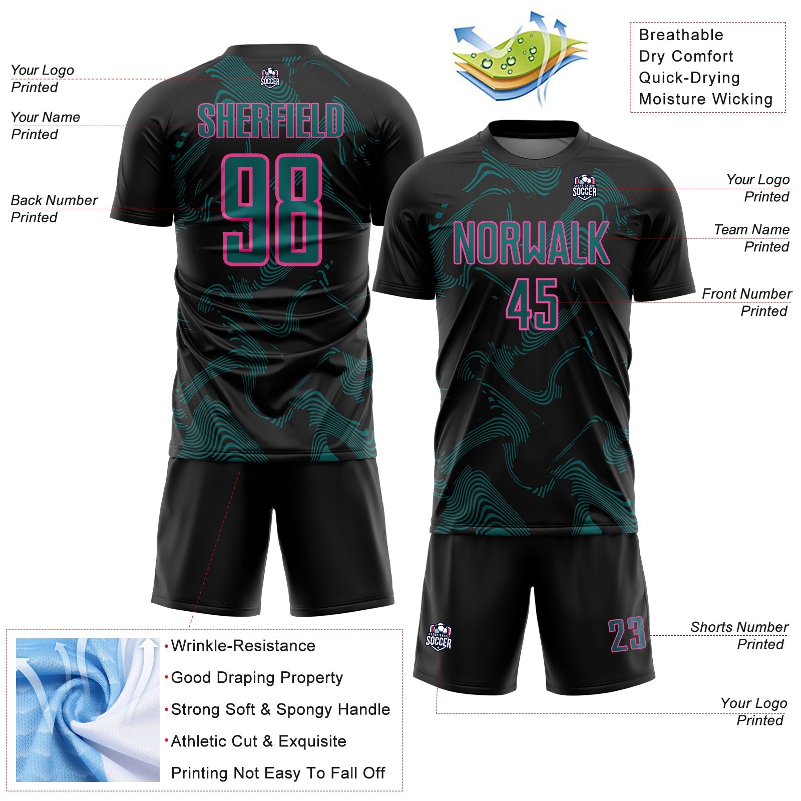 Custom Black Teal-Pink Curve Lines Sports Sublimation Soccer Uniform Jersey