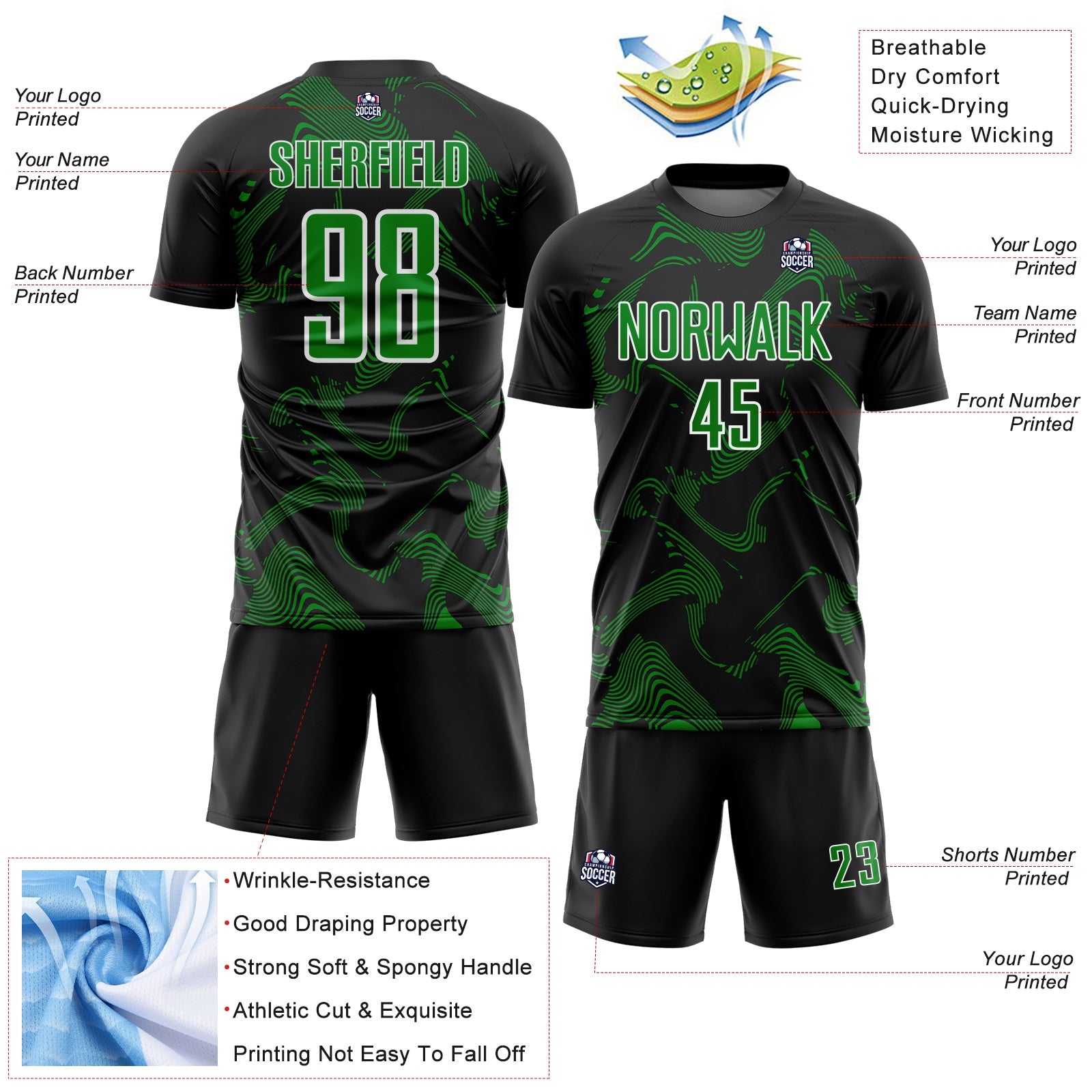 Custom Black Grass Green-White Curve Lines Sports Sublimation Soccer Uniform Jersey
