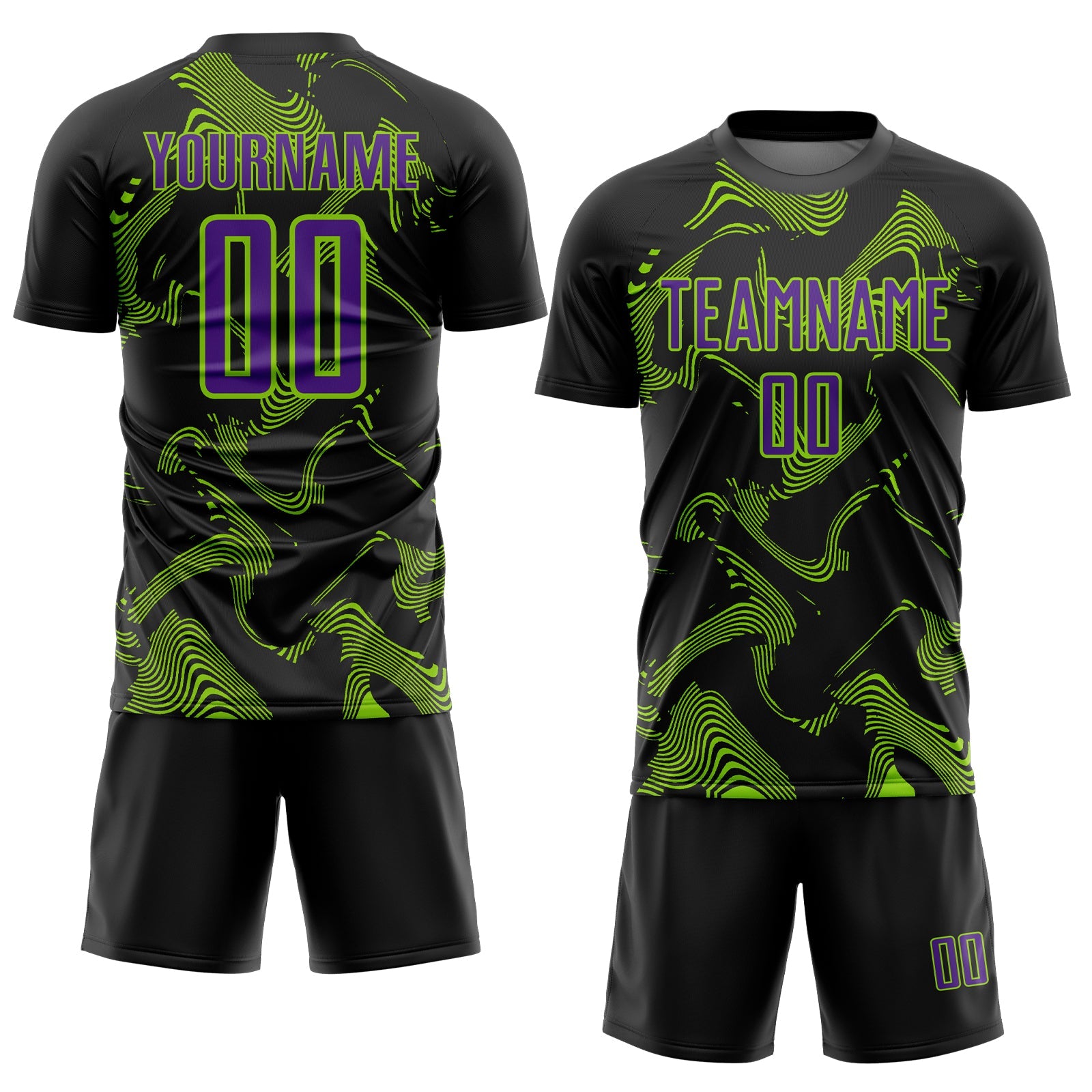 Custom Black Purple-Neon Green Curve Lines Sports Sublimation Soccer Uniform Jersey