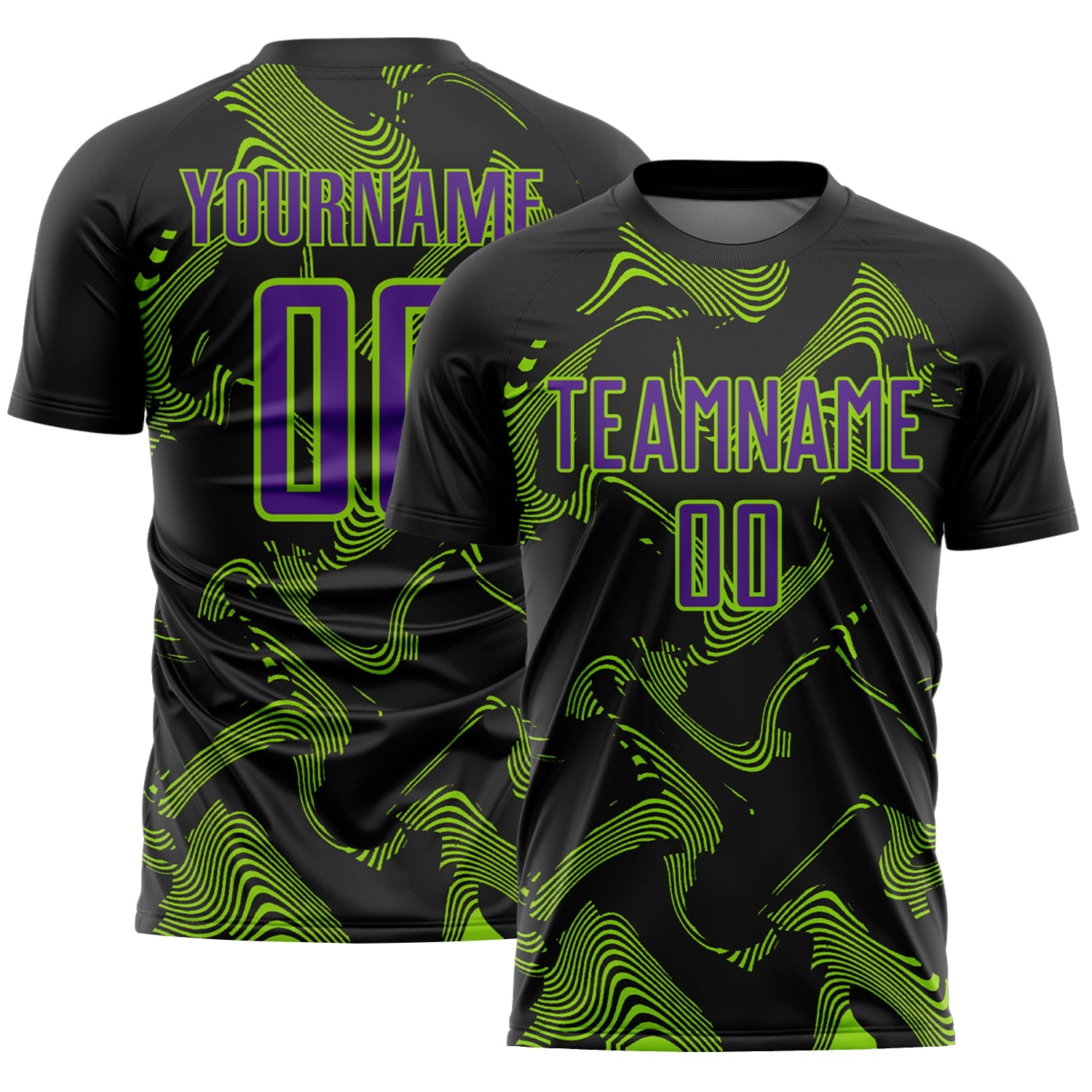 Custom Black Purple-Neon Green Curve Lines Sports Sublimation Soccer Uniform Jersey