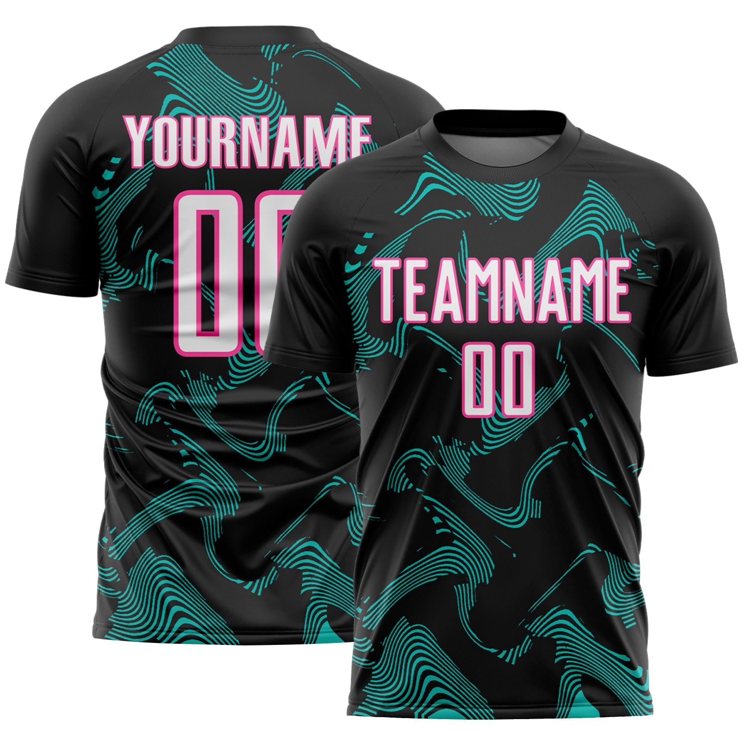 Custom Black White Aqua-Pink Curve Lines Sports Sublimation Soccer Uniform Jersey