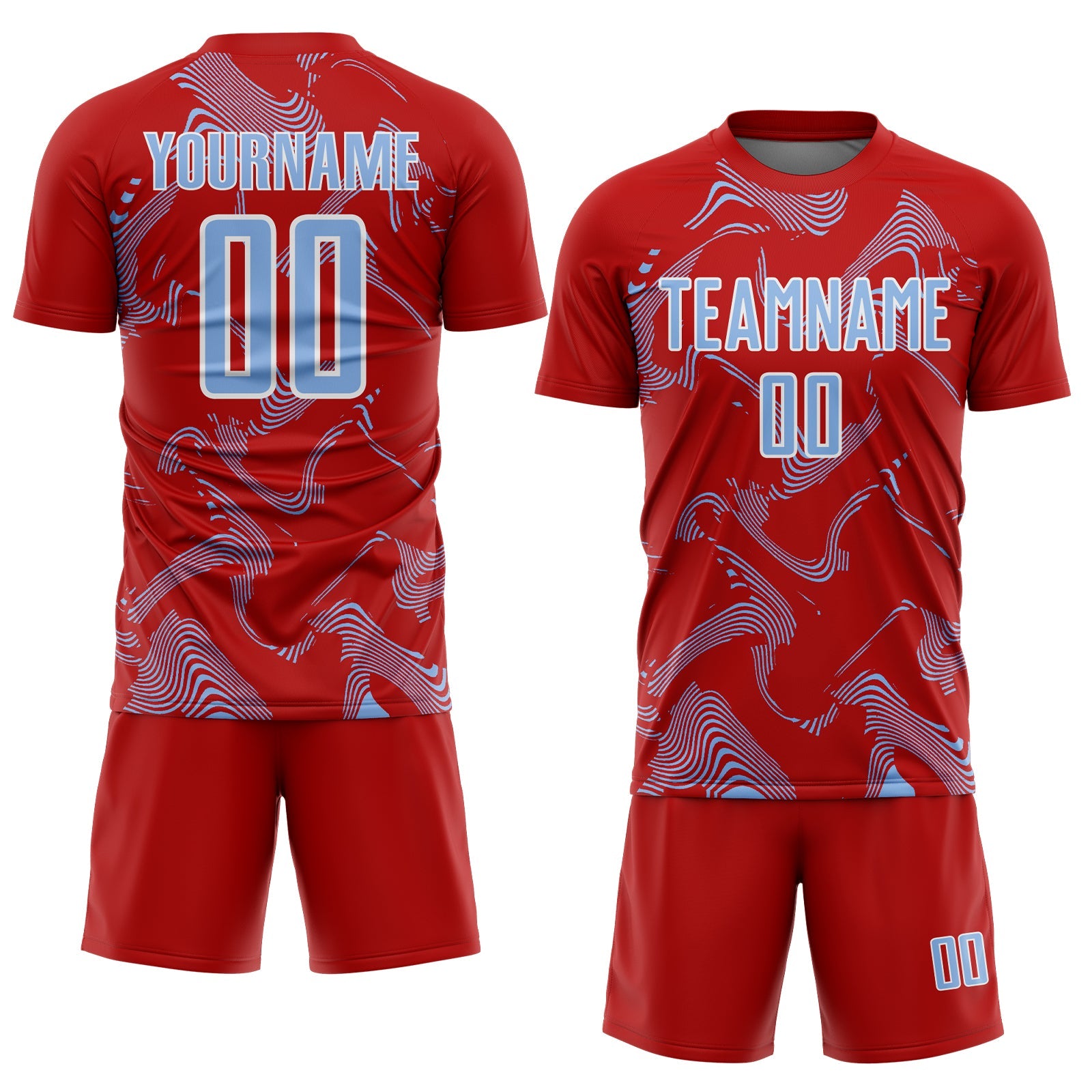 Custom Red Light Blue-White Curve Lines Sports Sublimation Soccer Uniform Jersey