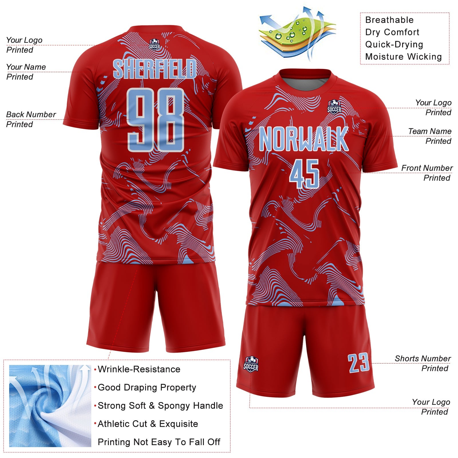 Custom Red Light Blue-White Curve Lines Sports Sublimation Soccer Uniform Jersey