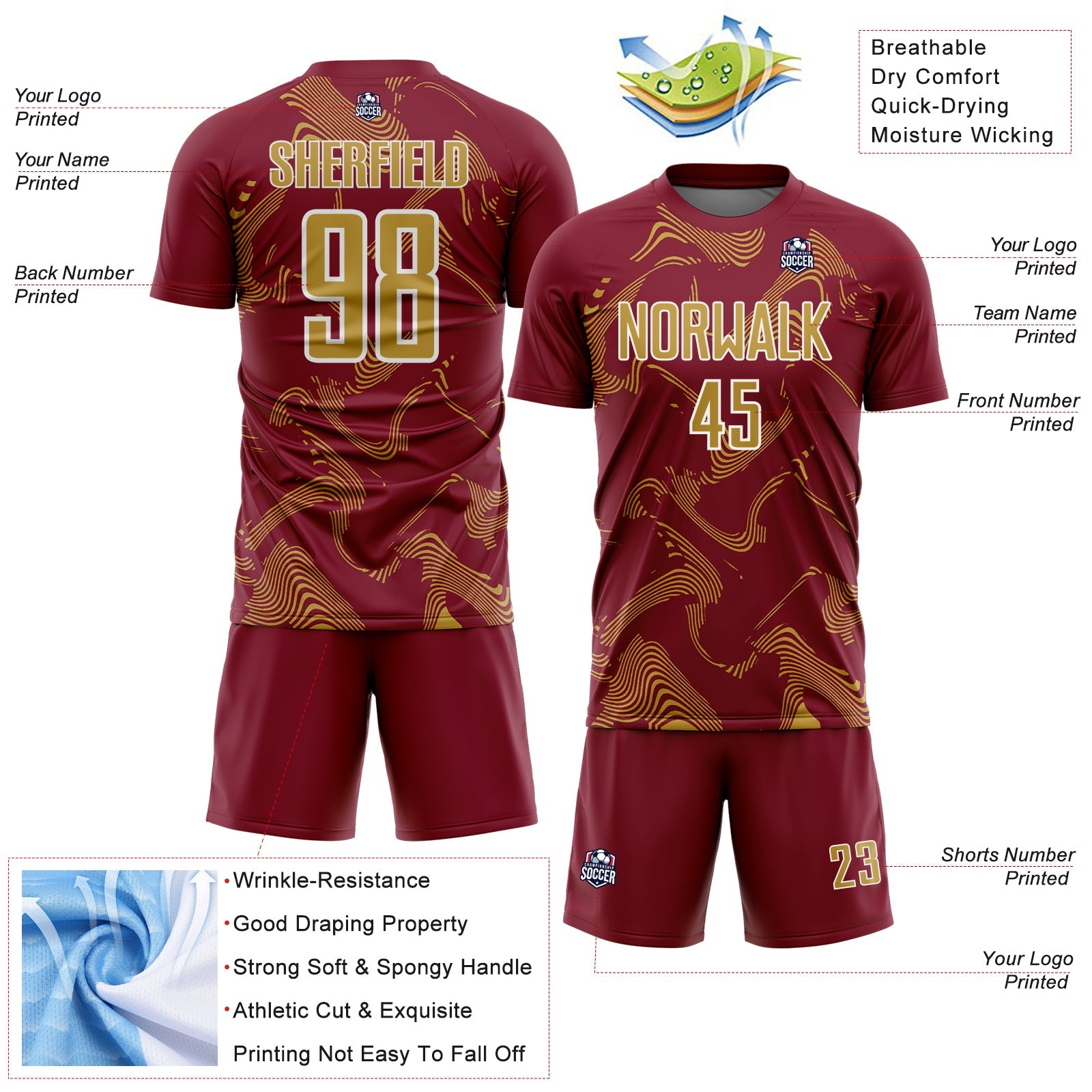 Custom Crimson Old Gold-White Curve Lines Sports Sublimation Soccer Uniform Jersey