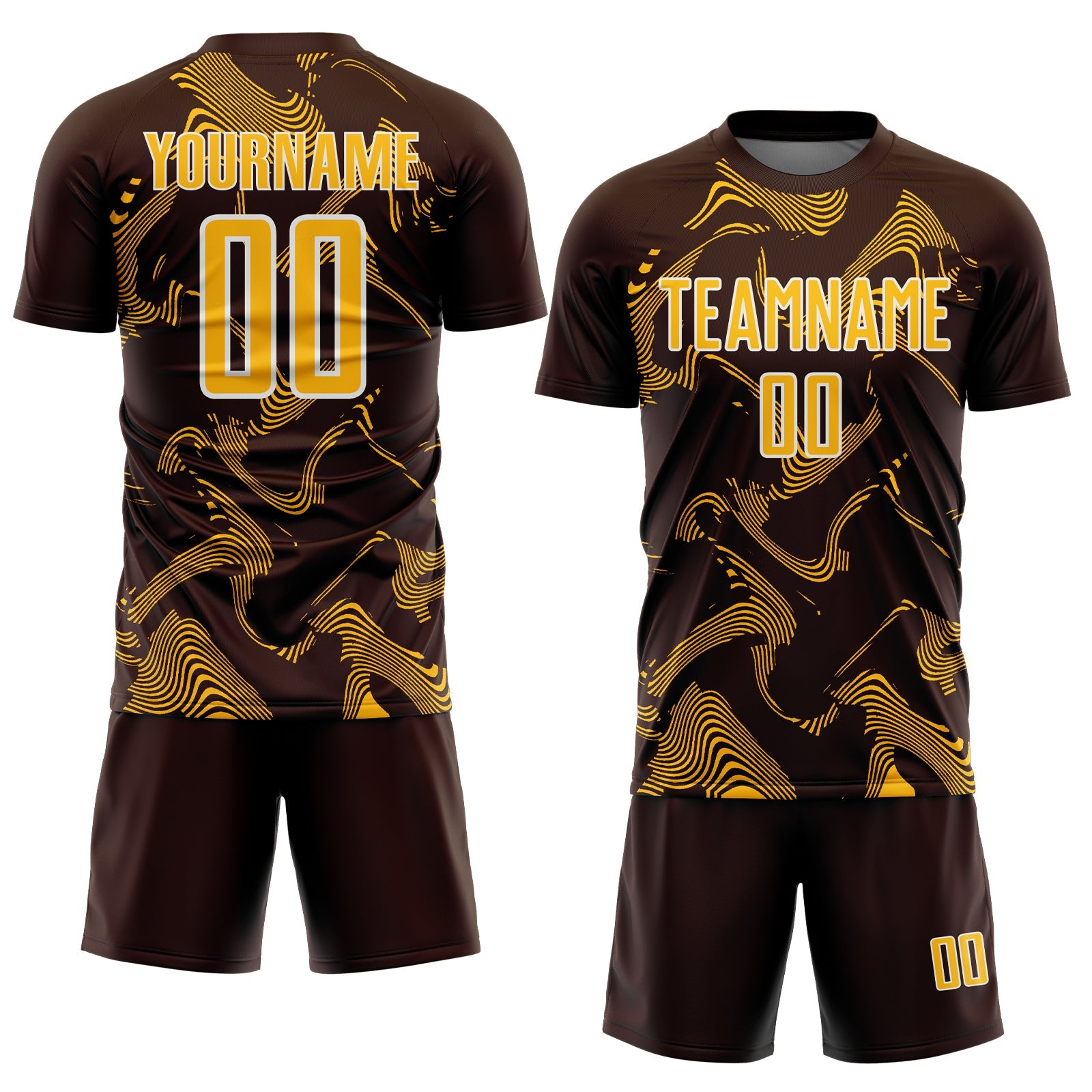 Custom Brown Gold-White Curve Lines Sports Sublimation Soccer Uniform Jersey