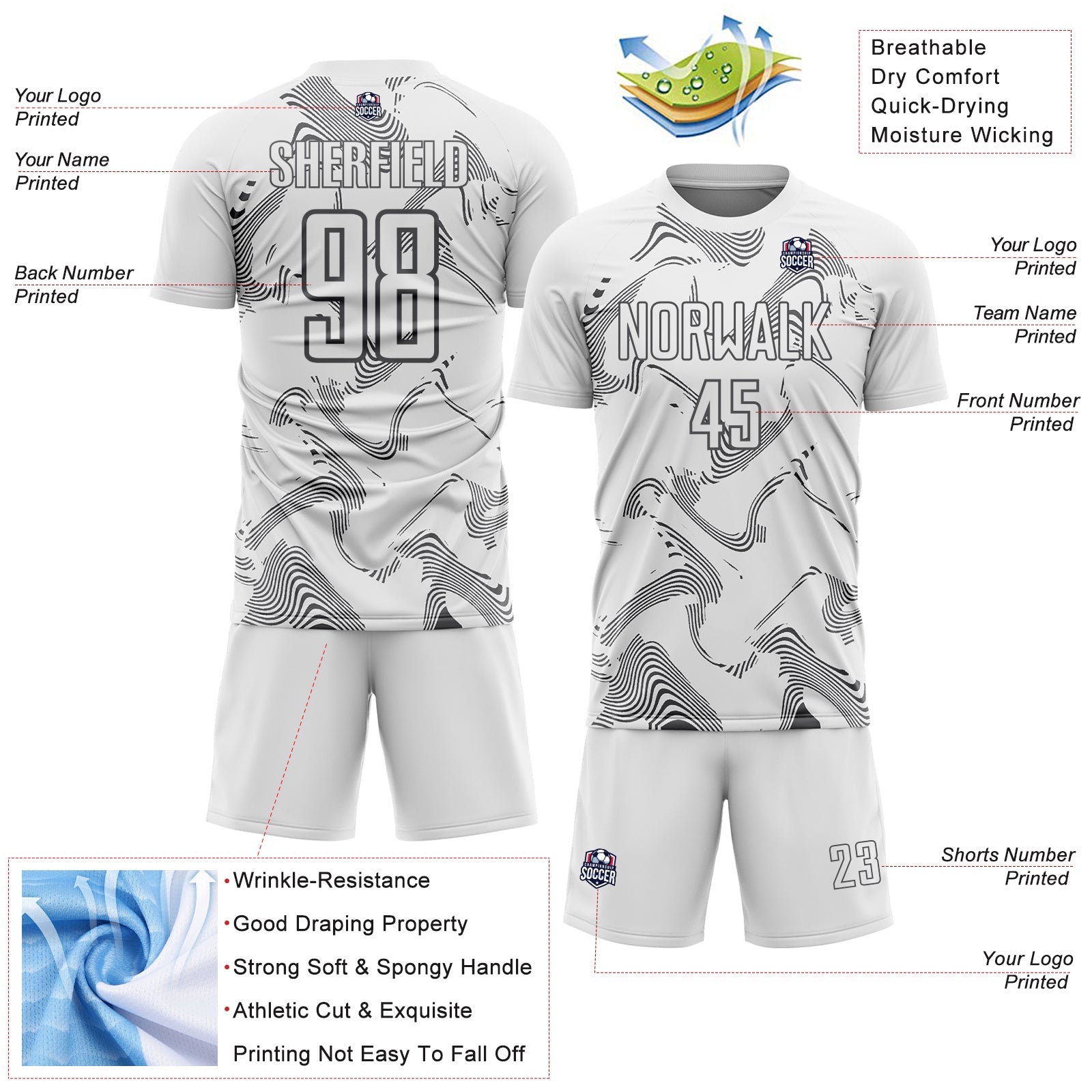 Custom White Steel Gray Curve Lines Sports Sublimation Soccer Uniform Jersey