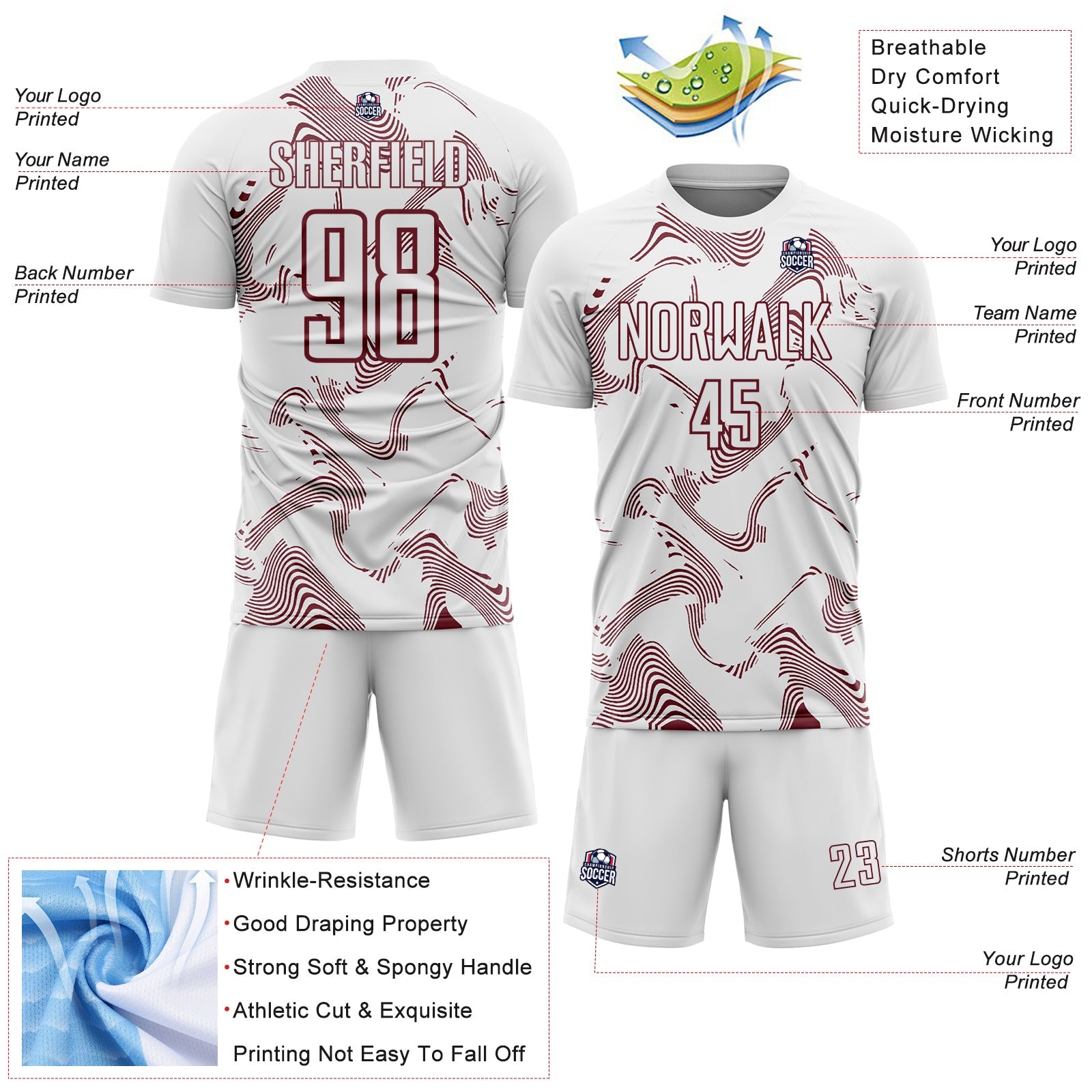 Custom White Burgundy Curve Lines Sports Sublimation Soccer Uniform Jersey