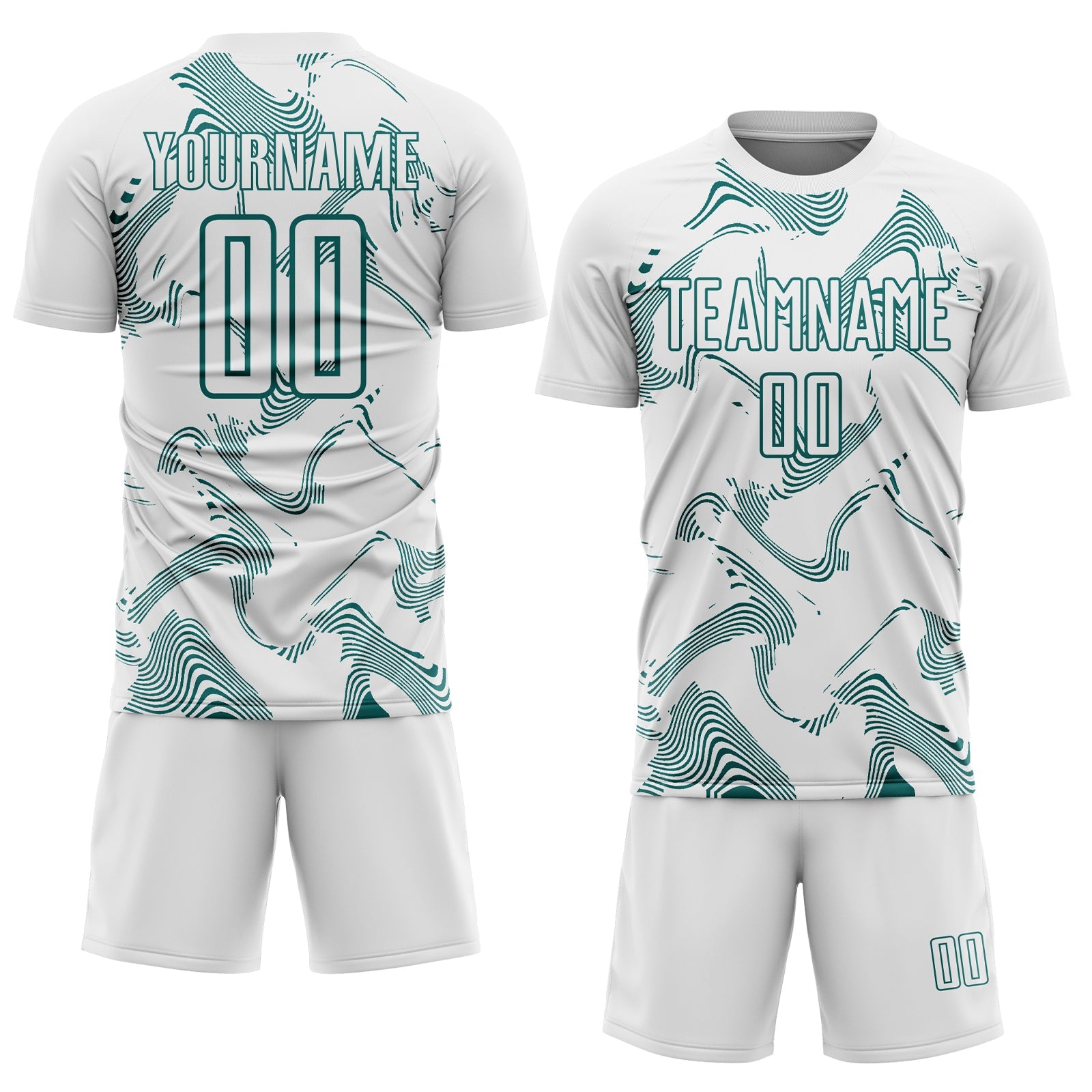 Custom White Teal Curve Lines Sports Sublimation Soccer Uniform Jersey