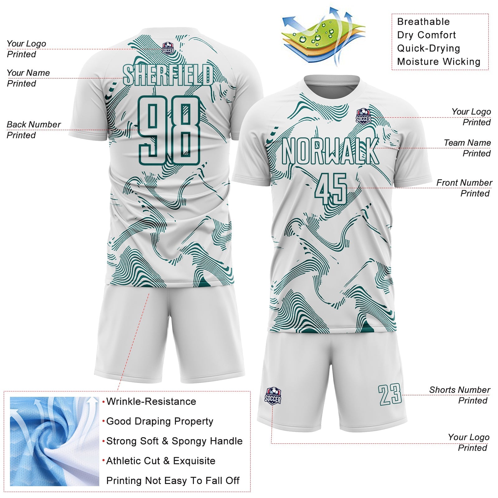 Custom White Teal Curve Lines Sports Sublimation Soccer Uniform Jersey
