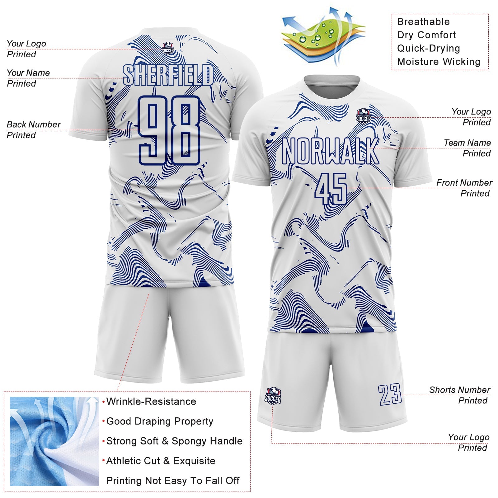 Custom White Royal Curve Lines Sports Sublimation Soccer Uniform Jersey