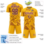 Custom Gold Crimson-White Curve Lines Sports Sublimation Soccer Uniform Jersey