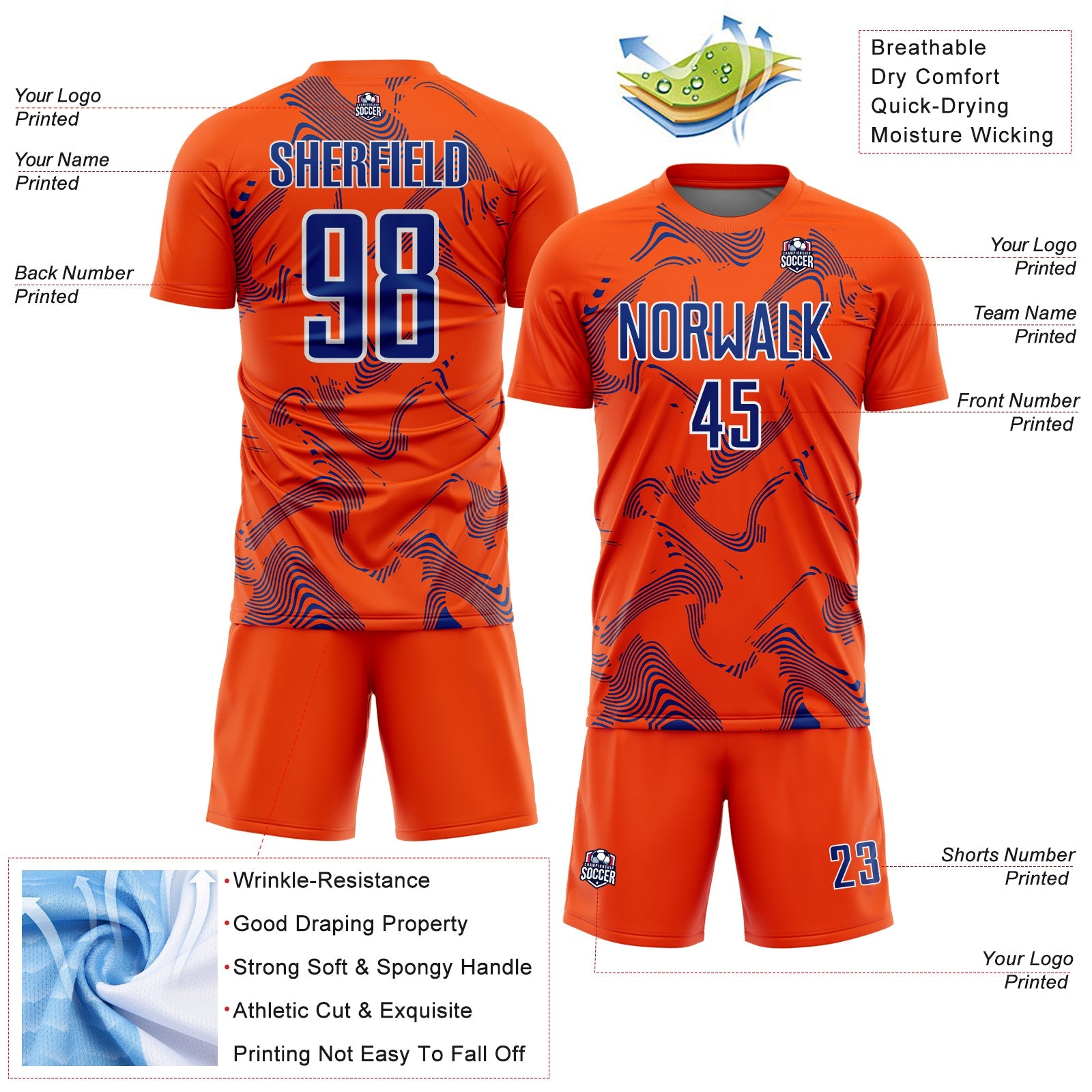 Custom Orange Royal-White Curve Lines Sports Sublimation Soccer Uniform Jersey