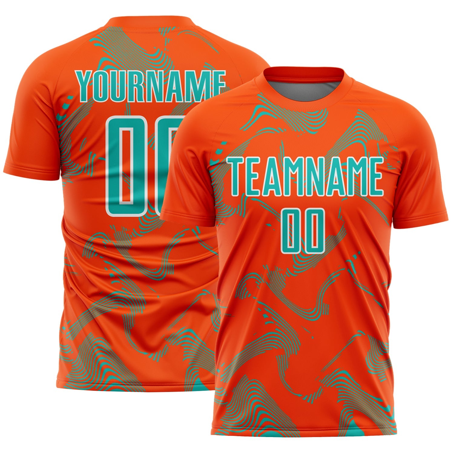 Custom Orange Aqua-White Curve Lines Sports Sublimation Soccer Uniform Jersey