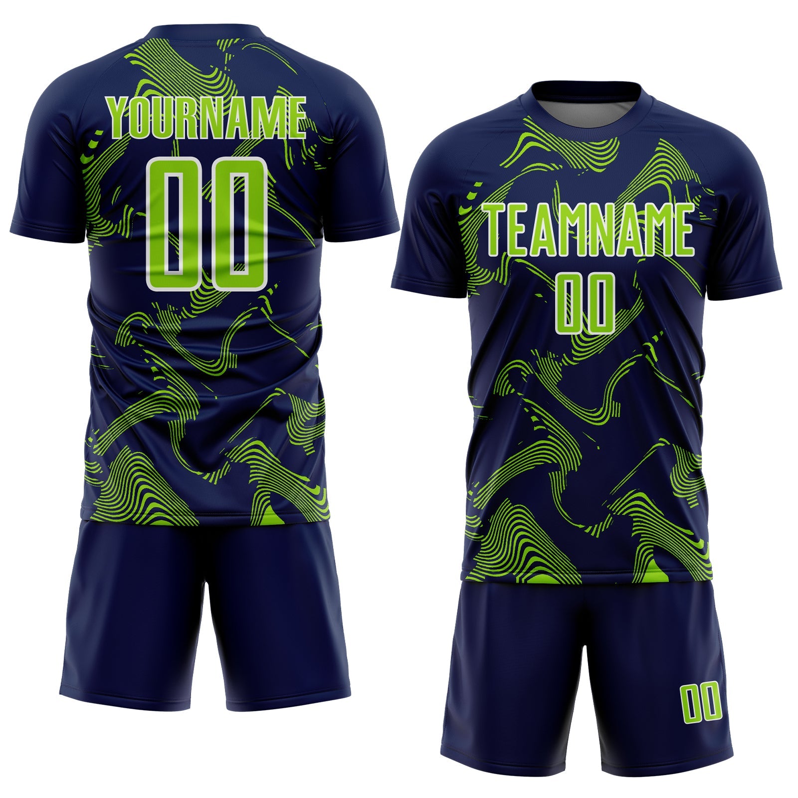 Custom Navy Neon Green-White Curve Lines Sports Sublimation Soccer Uniform Jersey