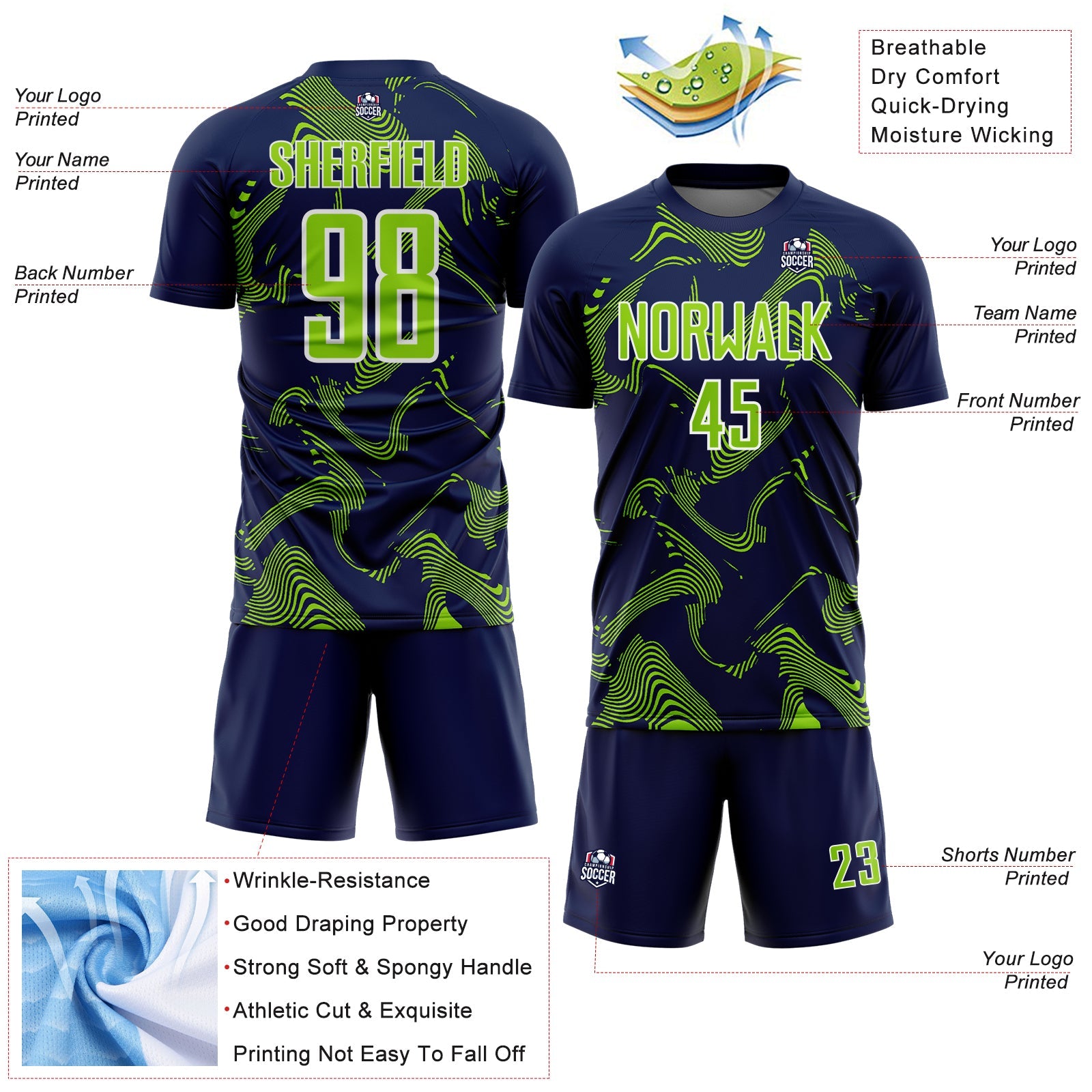 Custom Navy Neon Green-White Curve Lines Sports Sublimation Soccer Uniform Jersey