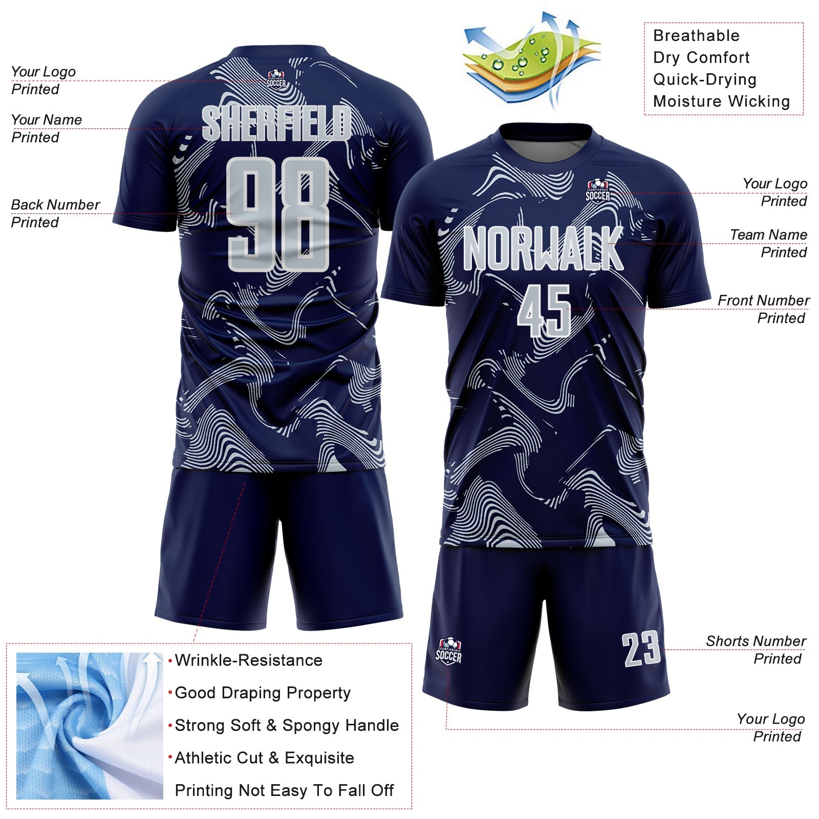 Custom Navy Silver-White Curve Lines Sports Sublimation Soccer Uniform Jersey
