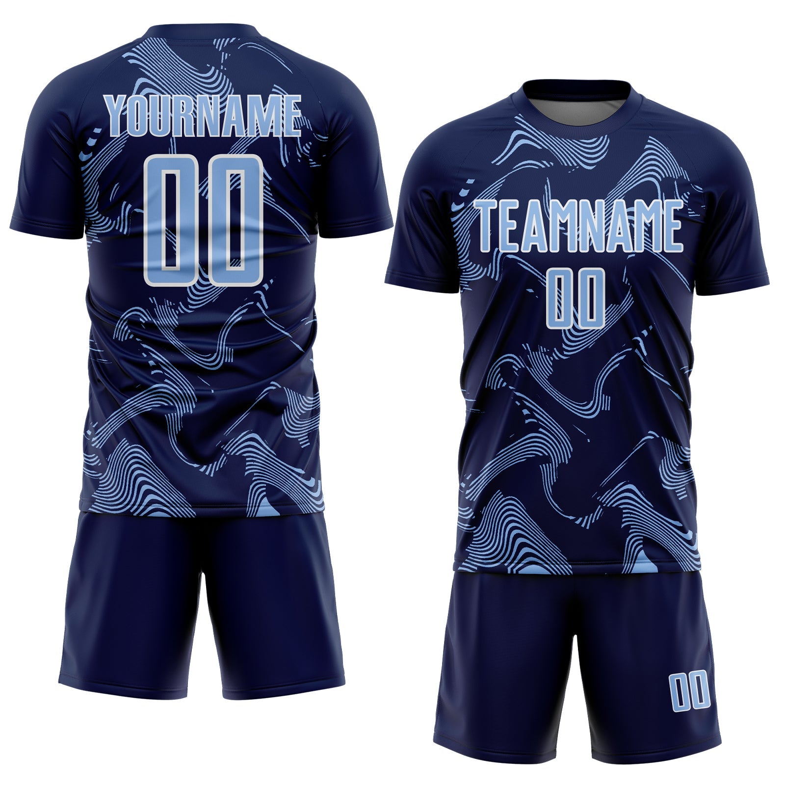 Custom Navy Light Blue-White Curve Lines Sports Sublimation Soccer Uniform Jersey