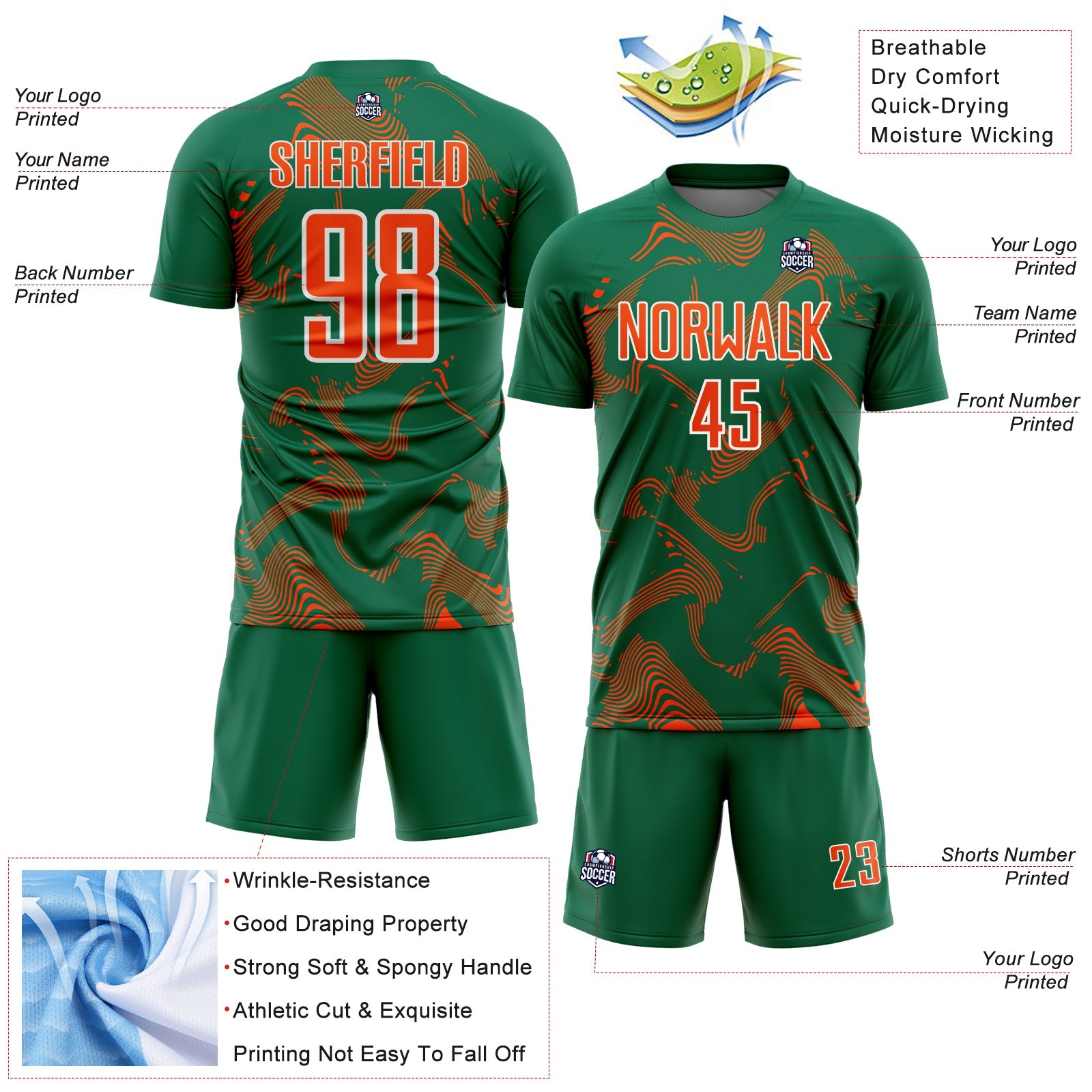 Custom Kelly Green Orange-White Curve Lines Sports Sublimation Soccer Uniform Jersey