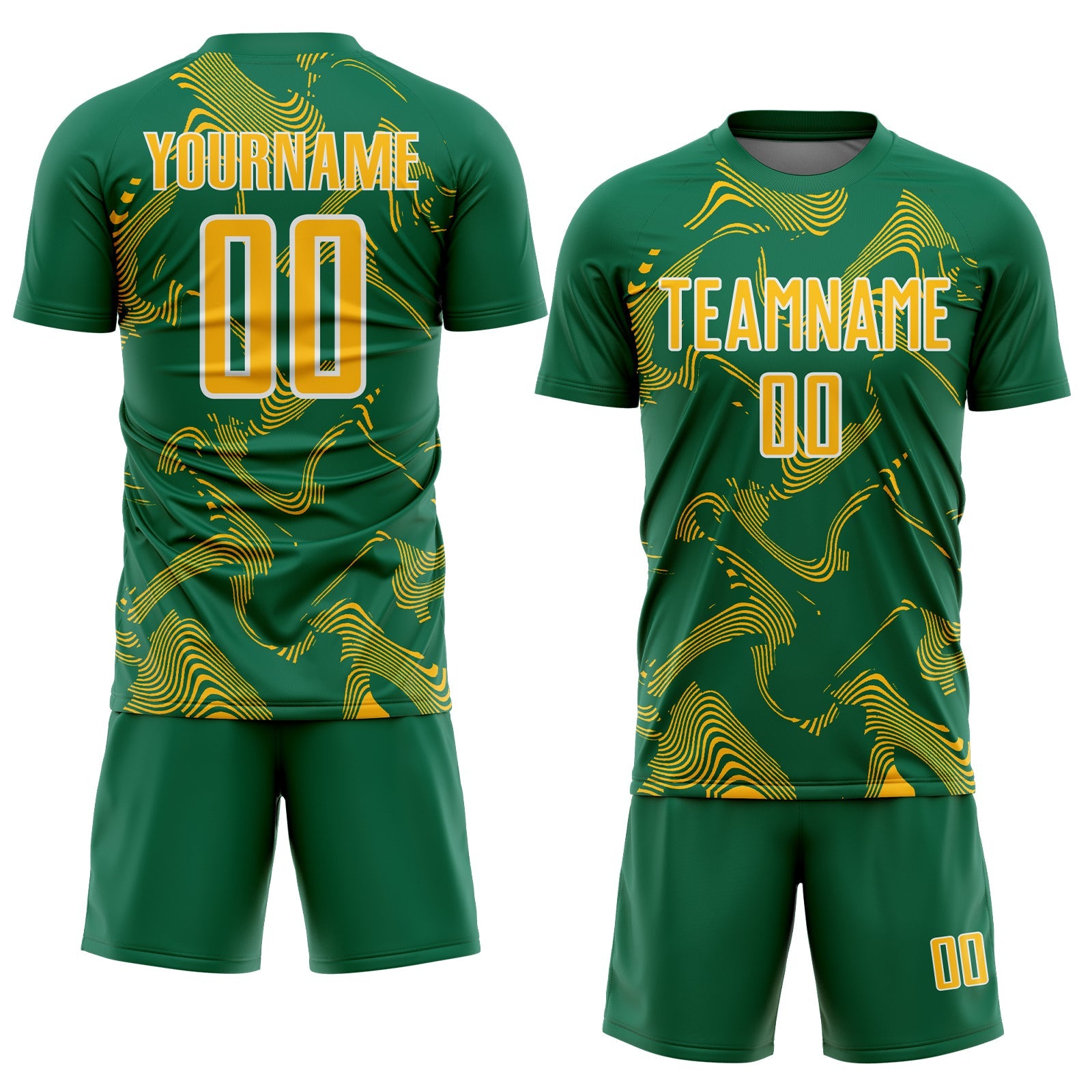 Custom Kelly Green Gold-White Curve Lines Sports Sublimation Soccer Uniform Jersey