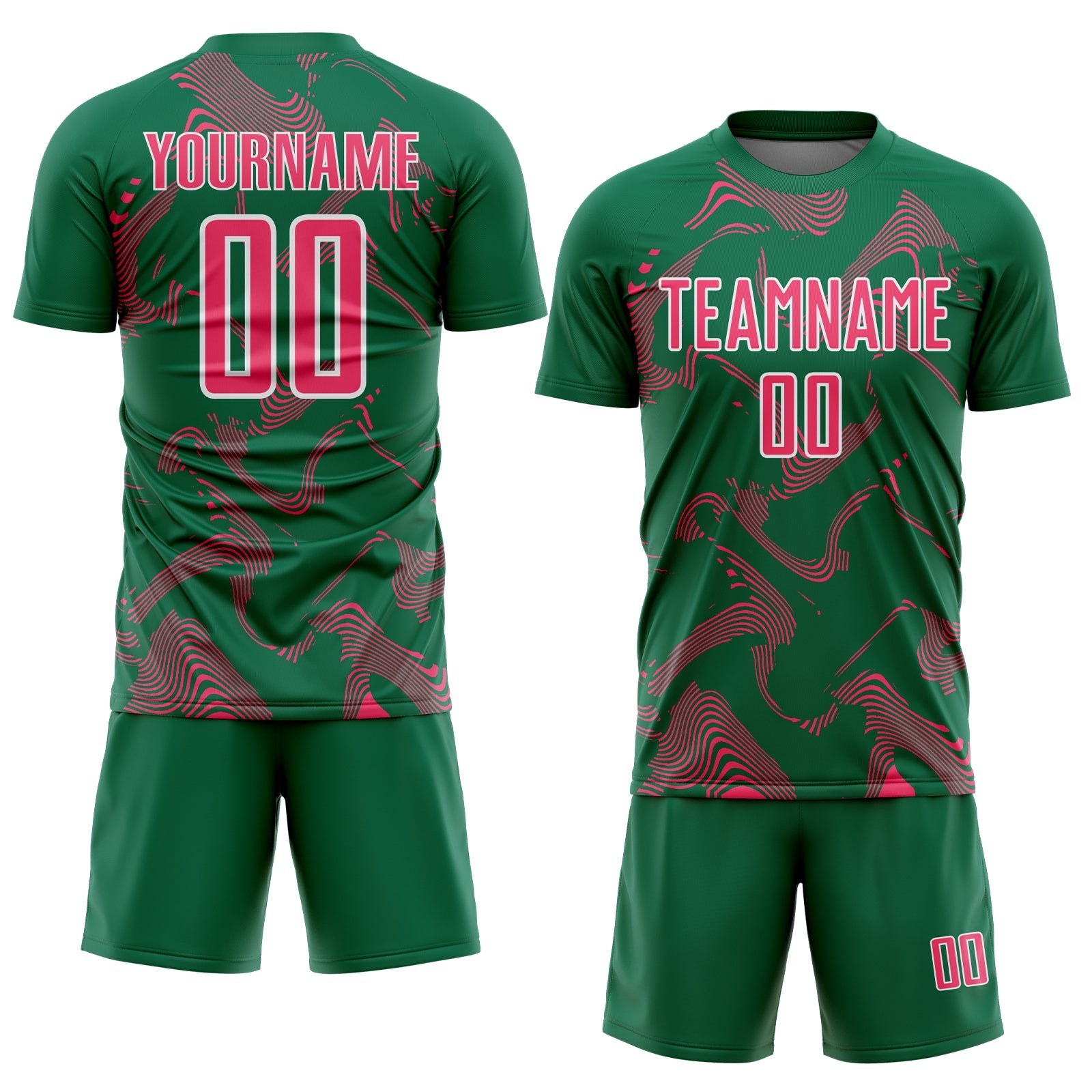 Custom Kelly Green Neon Pink-White Curve Lines Sports Sublimation Soccer Uniform Jersey