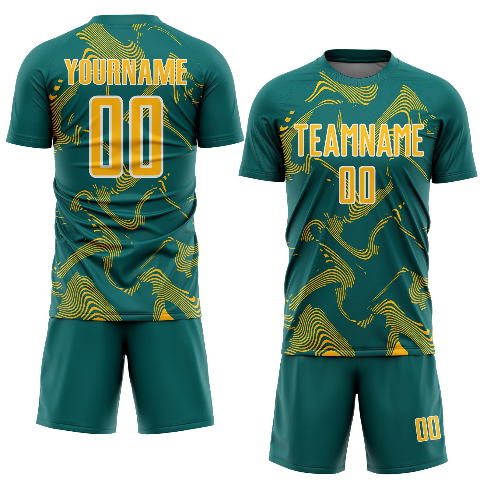 Custom Teal Gold-White Curve Lines Sports Sublimation Soccer Uniform Jersey