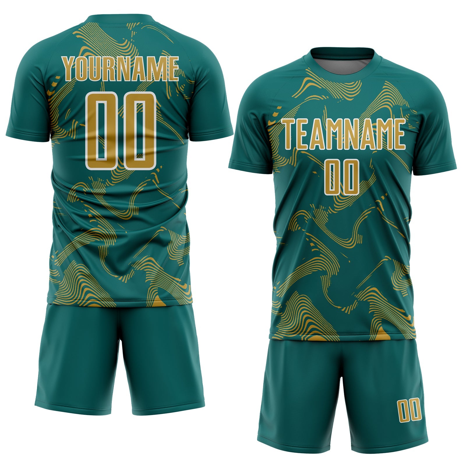 Custom Teal Old Gold-White Curve Lines Sports Sublimation Soccer Uniform Jersey