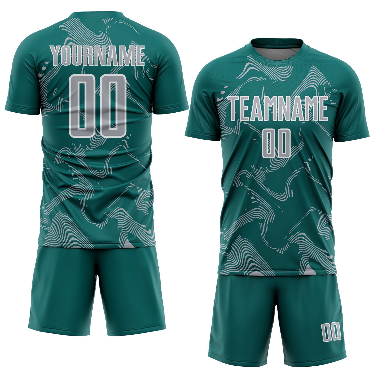 Custom Teal Gray-White Curve Lines Sports Sublimation Soccer Uniform Jersey