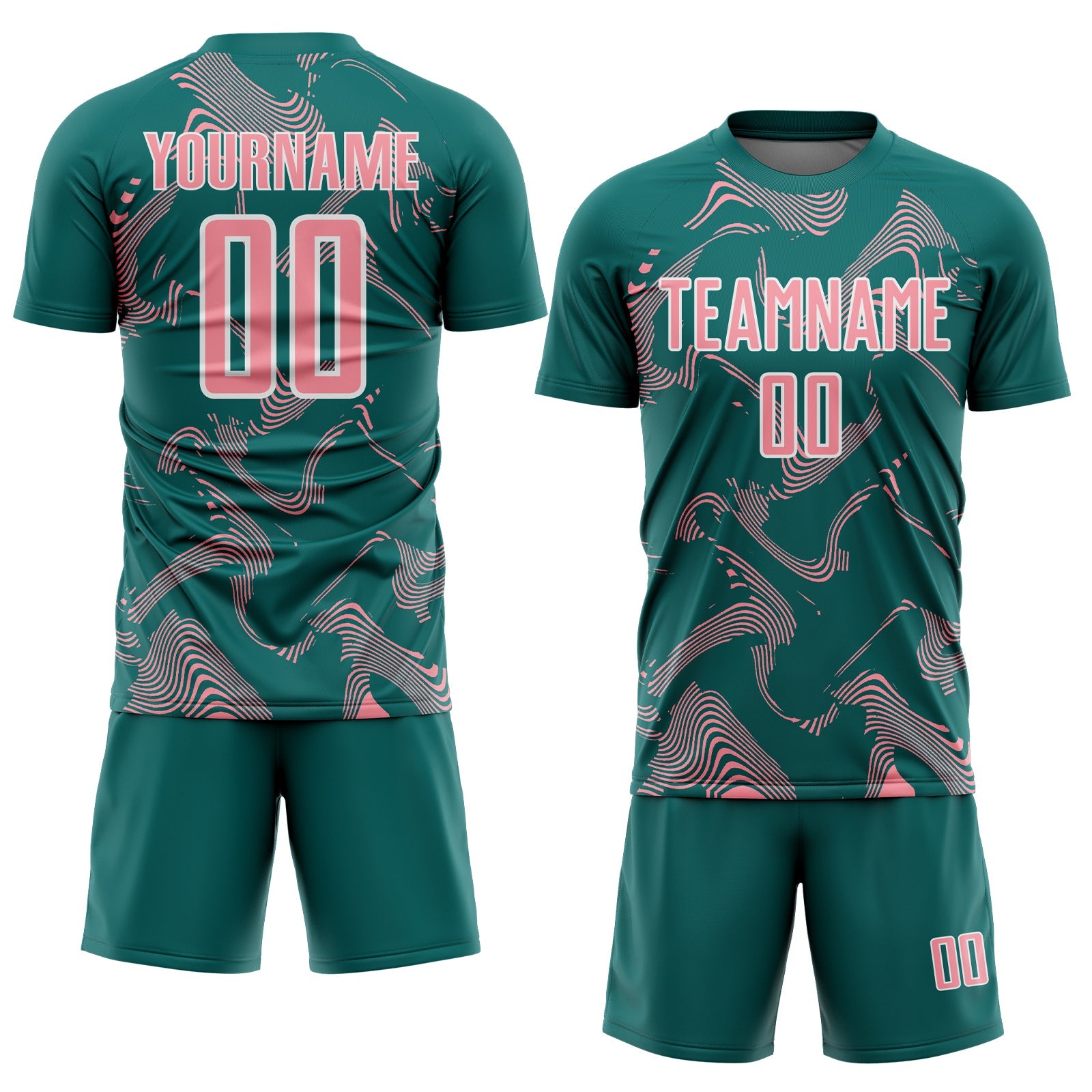 Custom Teal Medium Pink-White Curve Lines Sports Sublimation Soccer Uniform Jersey