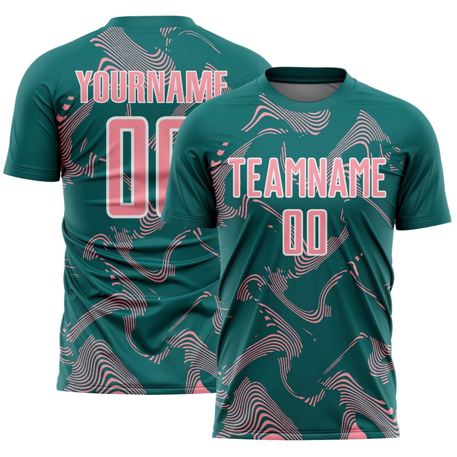 Custom Teal Medium Pink-White Curve Lines Sports Sublimation Soccer Uniform Jersey