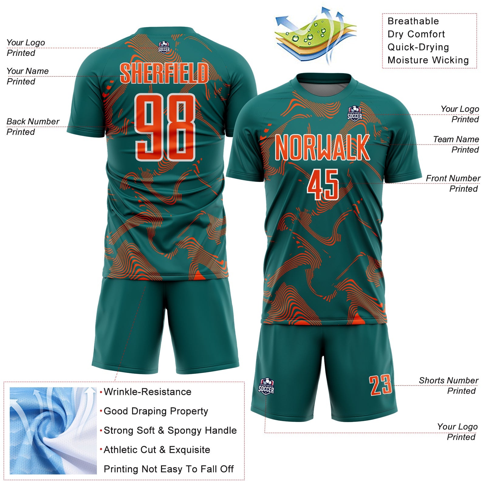 Custom Teal Orange-White Curve Lines Sports Sublimation Soccer Uniform Jersey