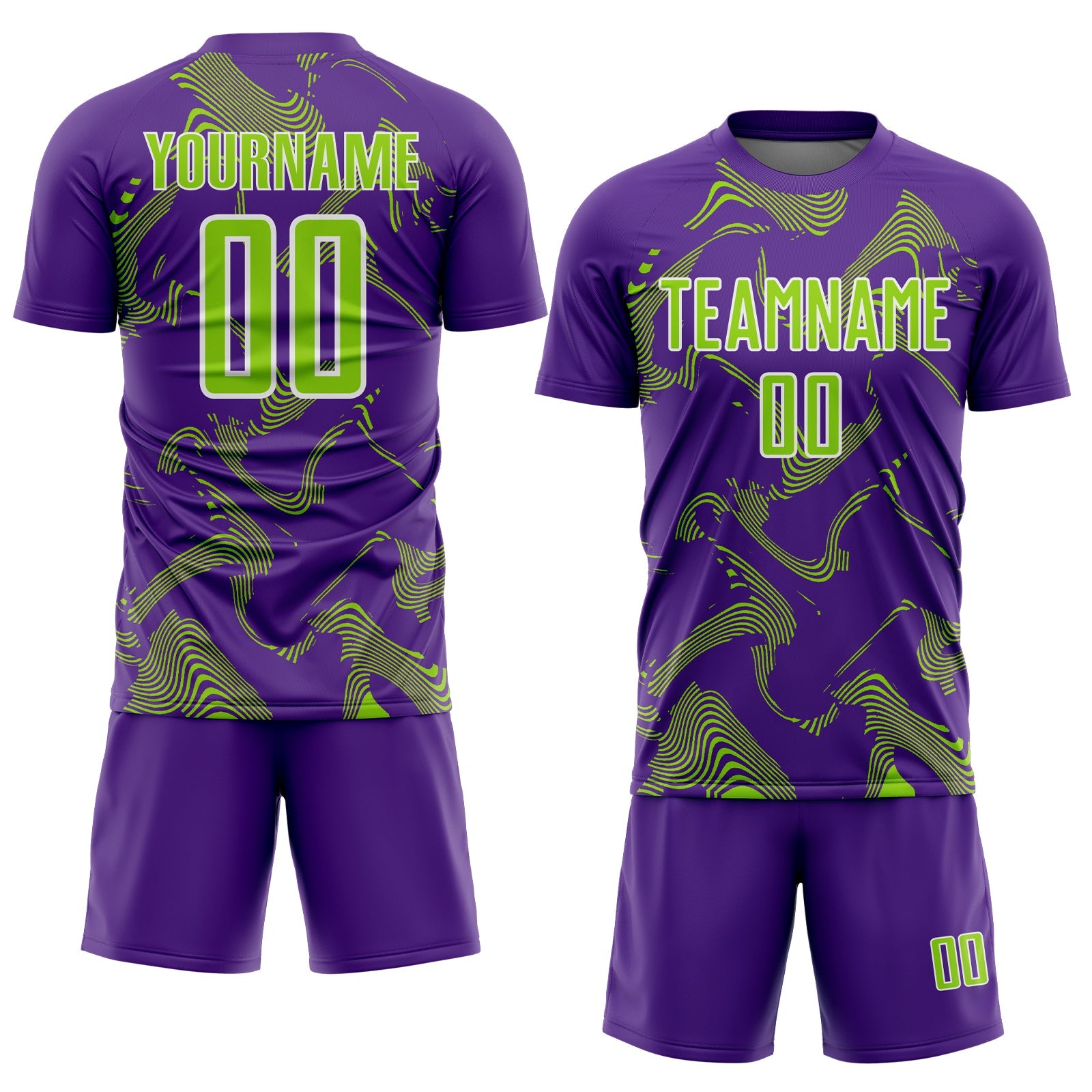 Custom Purple Neon Green-White Curve Lines Sports Sublimation Soccer Uniform Jersey