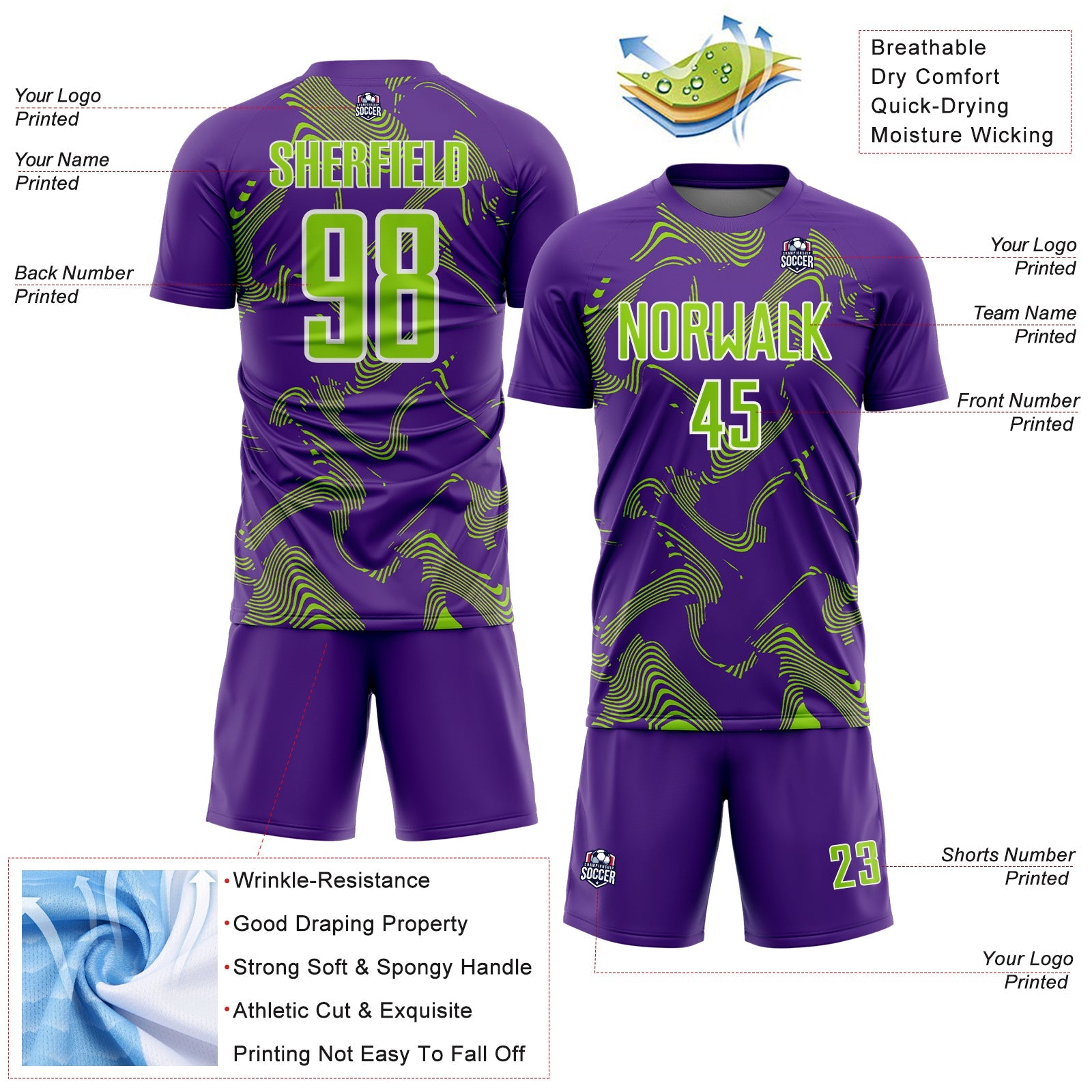 Custom Purple Neon Green-White Curve Lines Sports Sublimation Soccer Uniform Jersey