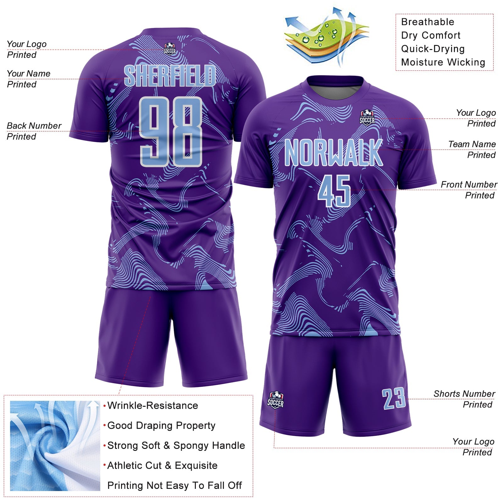 Custom Purple Light Blue-White Curve Lines Sports Sublimation Soccer Uniform Jersey