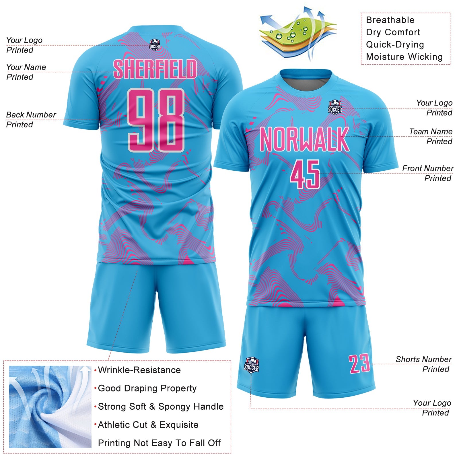 Custom Sky Blue Pink-White Curve Lines Sports Sublimation Soccer Uniform Jersey
