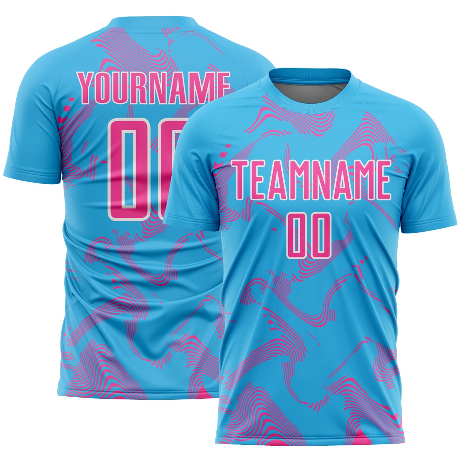 Custom Sky Blue Pink-White Curve Lines Sports Sublimation Soccer Uniform Jersey