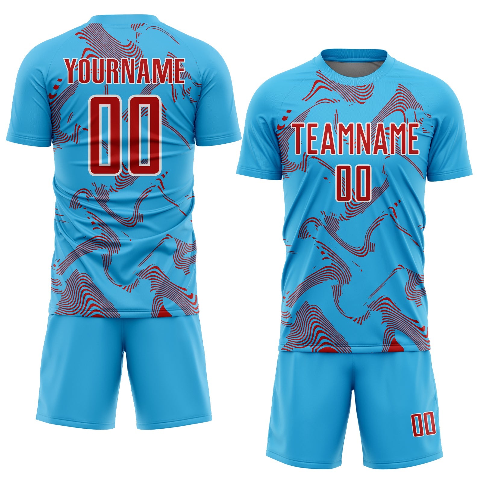 Custom Sky Blue Red-White Curve Lines Sports Sublimation Soccer Uniform Jersey