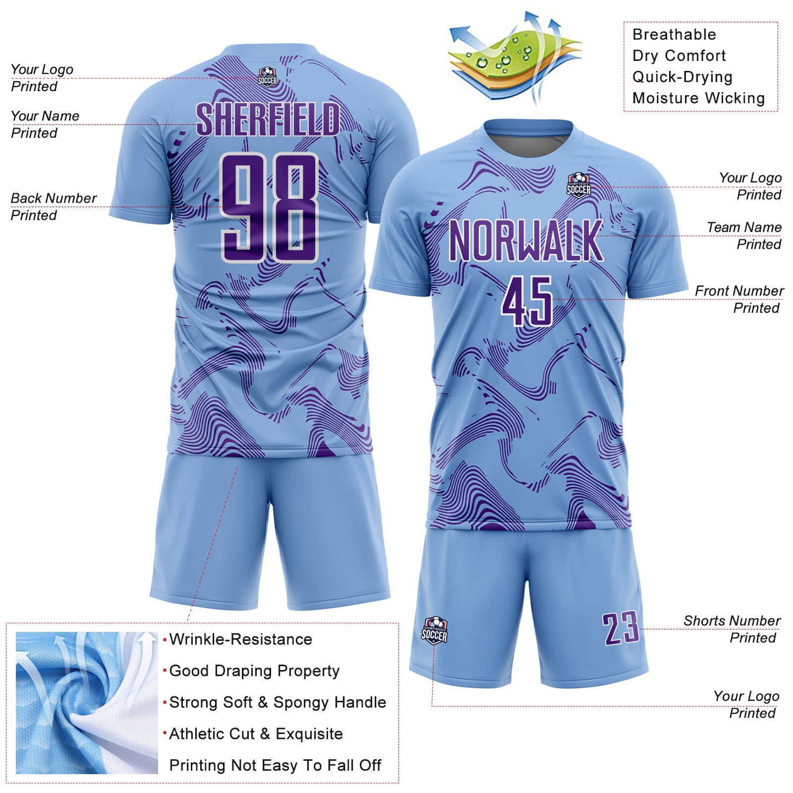 Custom Light Blue Purple-White Curve Lines Sports Sublimation Soccer Uniform Jersey