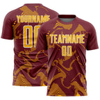 Custom Burgundy Gold-White Curve Lines Sports Sublimation Soccer Uniform Jersey